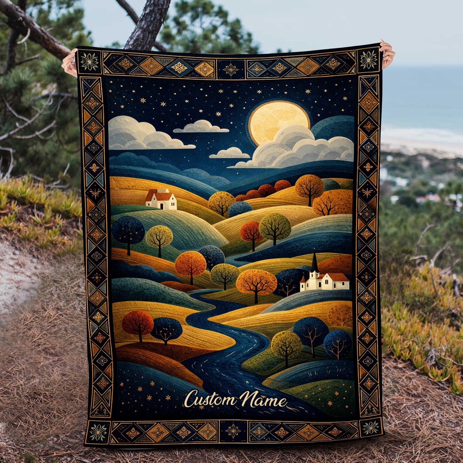 Personalized Moonlit Landscape Blanket – Custom Name Night Sky Hills & River Art Quilt Throw