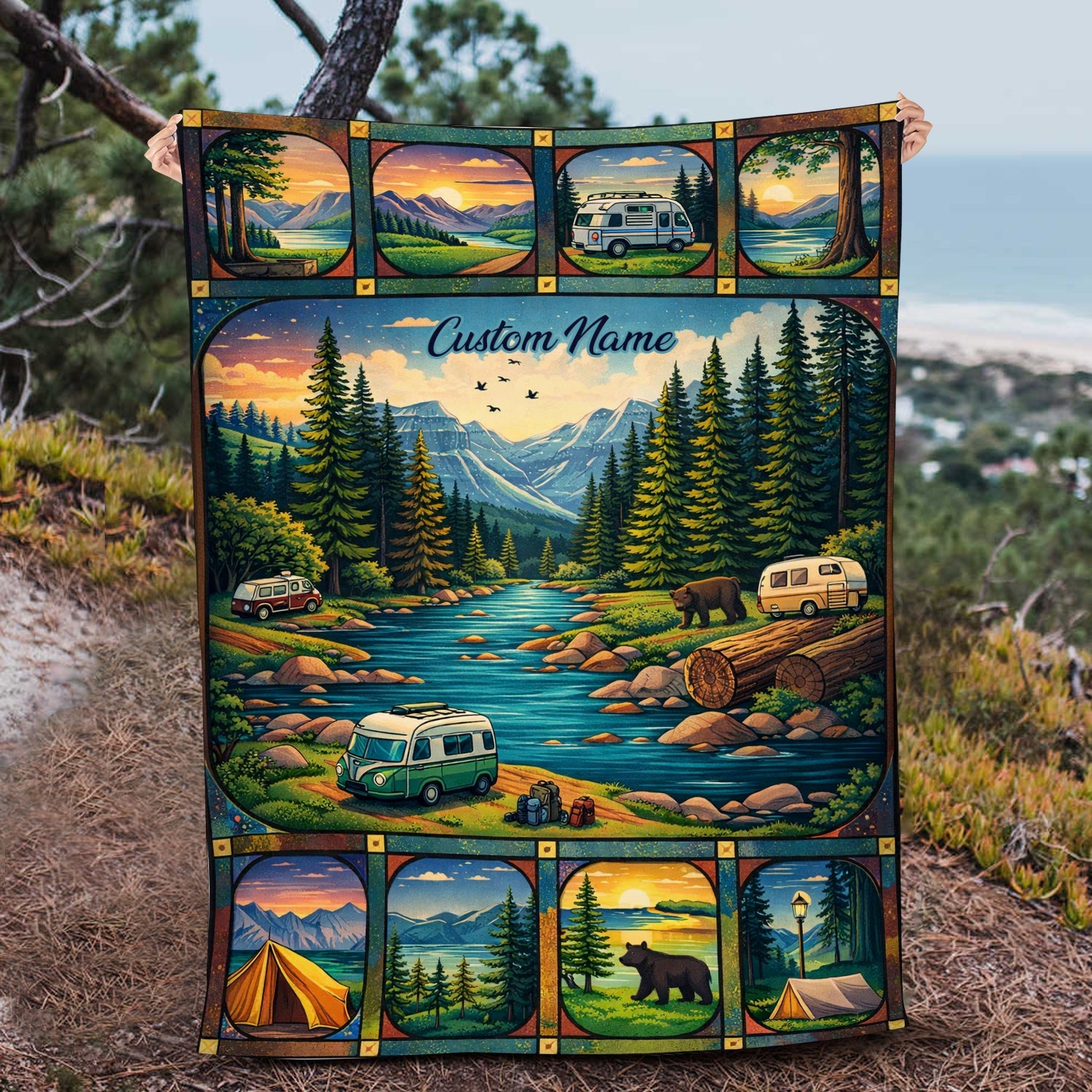 Personalized Mountain Camping Blanket – Custom Name Van Life River Forest Adventure Quilt Throw