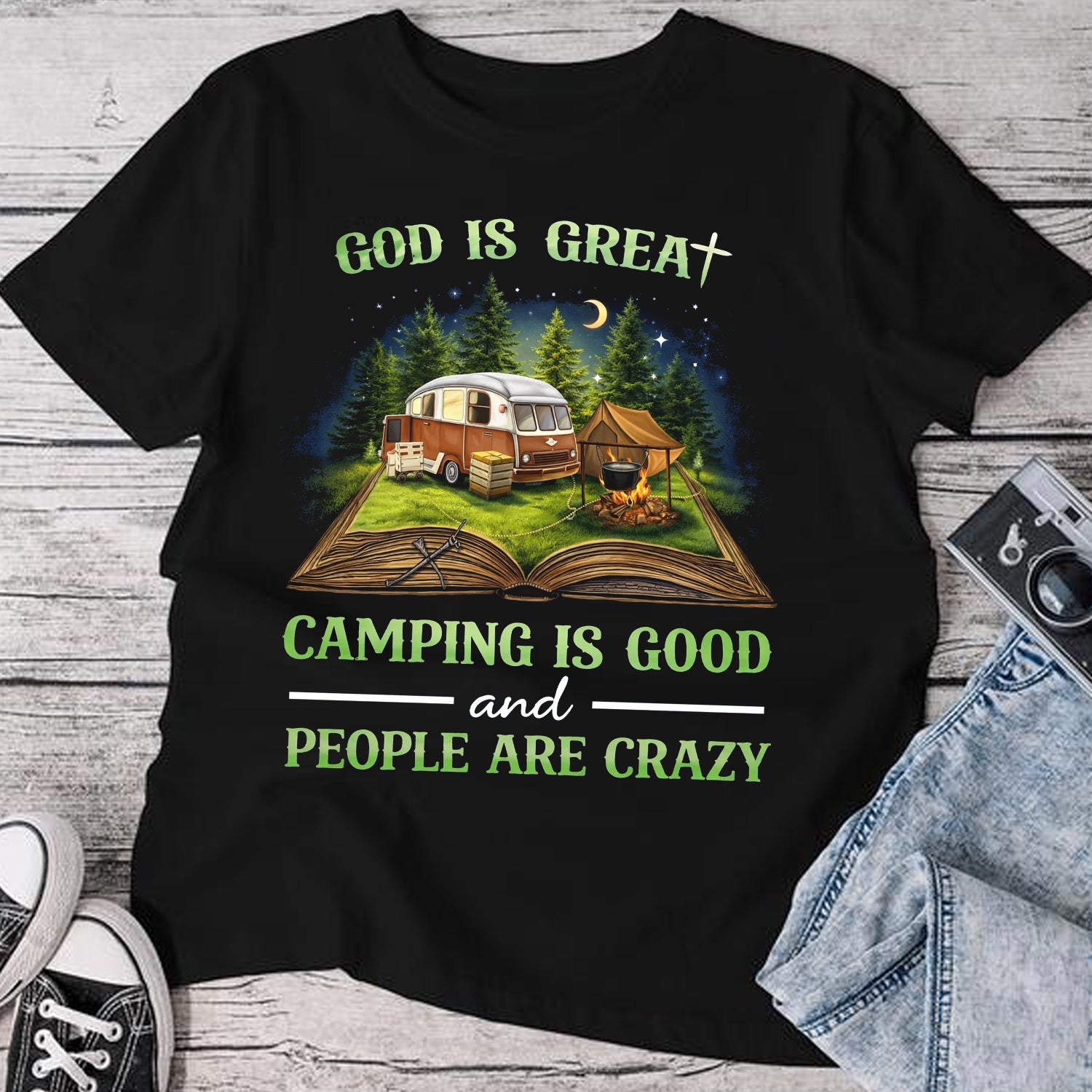 Christian Camping Quote T-Shirt – Faith-Inspired Outdoor Graphic Tee, Vintage Camper & Forest Night Design, Funny Nature Lover Apparel
