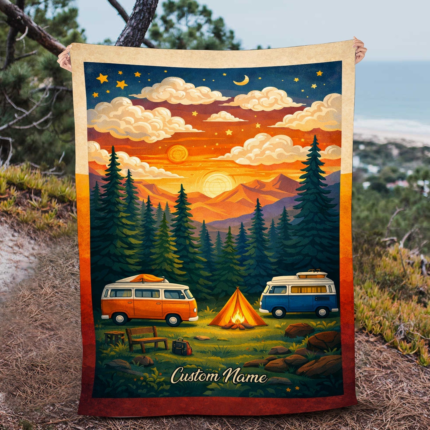 Personalized Camper Van Sunset Blanket – Custom Name Van Life Couple Camping Quilt Throw