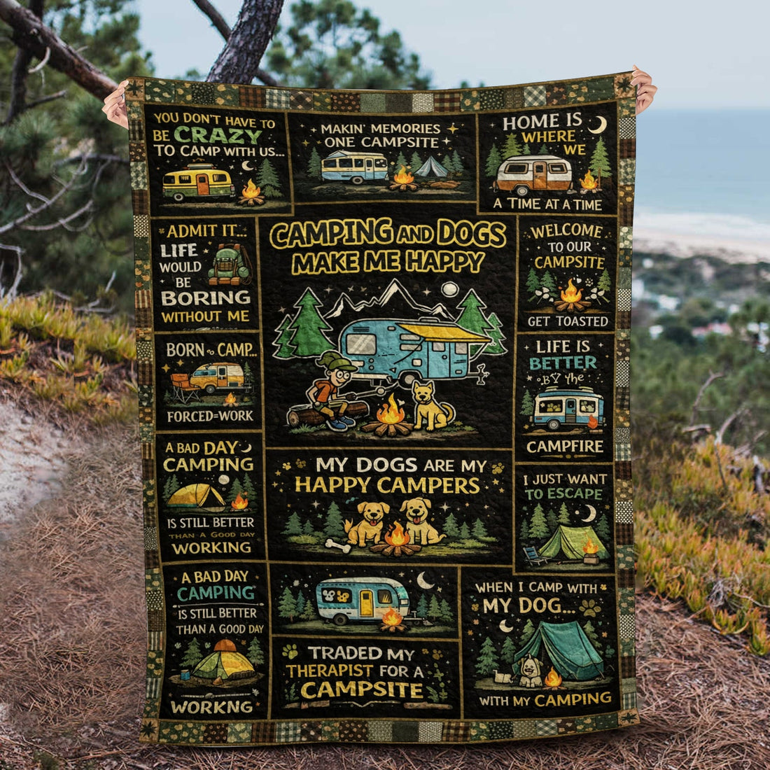 Personalized Camping and Dogs Make Me Happy Fleece Blanket – Funny Dog Lover Camping Gift Throw