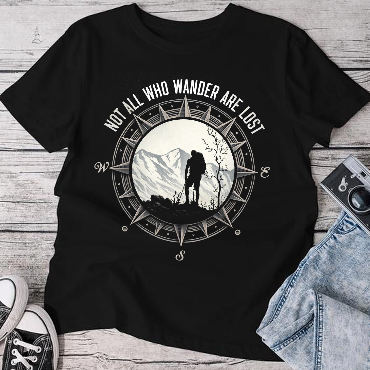 Not All Who Wander Are Lost T-Shirt – Minimalist Compass & Hiker Graphic Shirt for Hiking, Travel & Outdoor Adventure Lovers