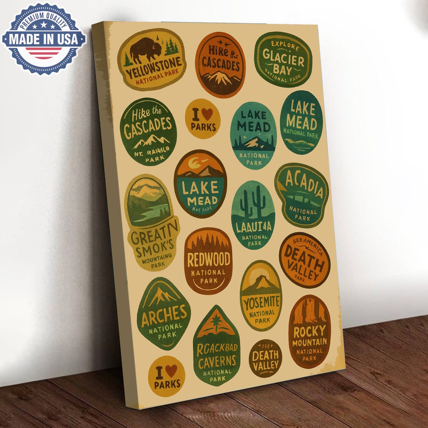 US National Parks Vintage Poster – Retro Travel Badges Wall Art Canvas, Gift for Campers