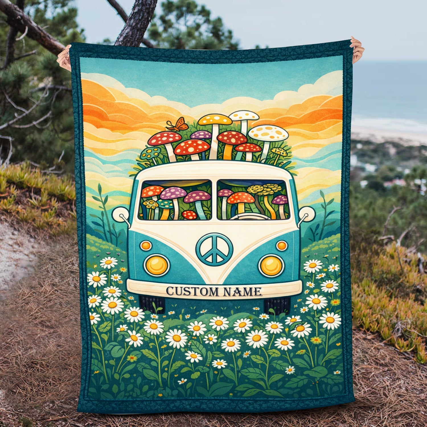Personalized Boho Camper Van Blanket – Custom Name Mushroom Peace Van Throw for Hippie & Boho Lovers