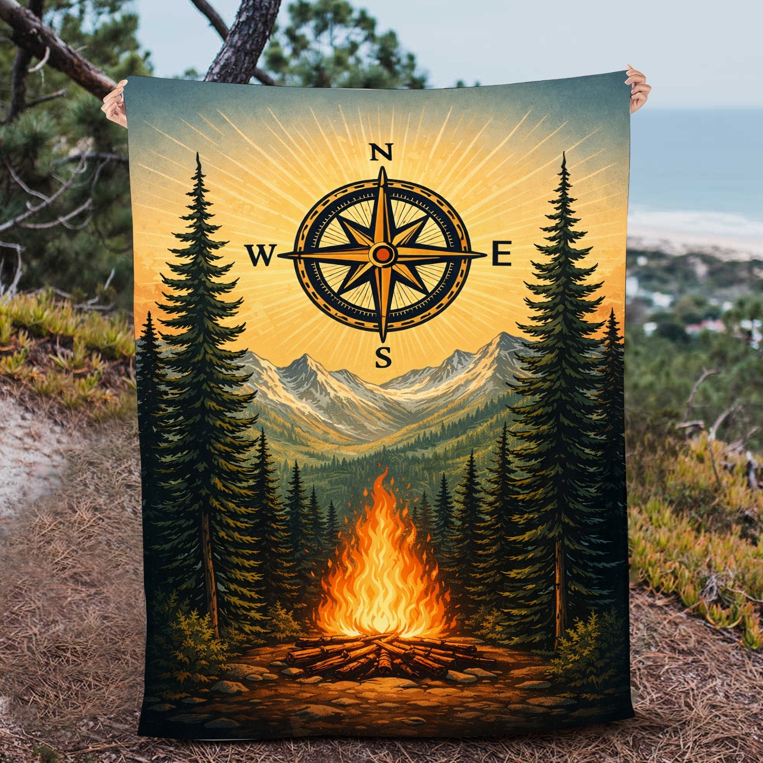 Rustic Compass Camping Blanket – Mountain Campfire Outdoor Throw Gift