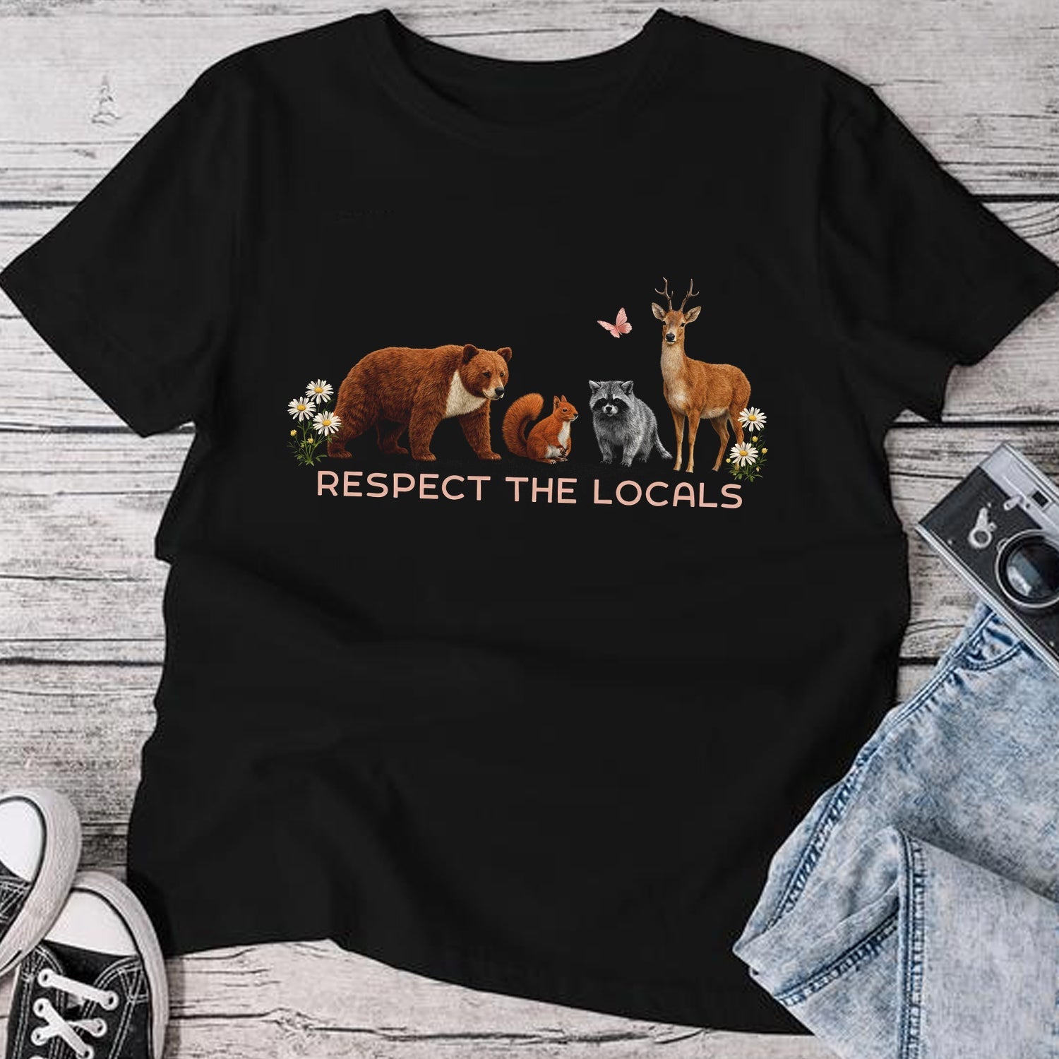 Respect the Locals T-Shirt – Cute Woodland Animals Graphic Tee, Wildlife Nature Conservation Shirt