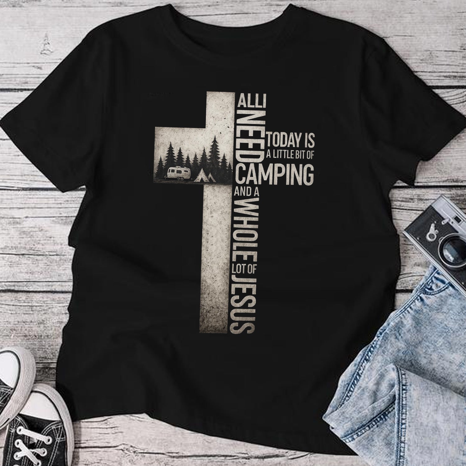 All I Need Is Camping and Jesus T-Shirt – Christian Faith Outdoor Graphic Tee with Cross Design, Inspirational Camping Lifestyle Shirt