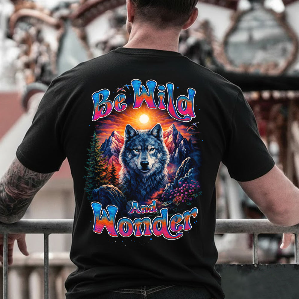 Be Wild and Wonder Wolf T-Shirt – Vintage Sunset Wolf Graphic Tee for Nature Lovers, Retro Wildlife Spirit Shirt