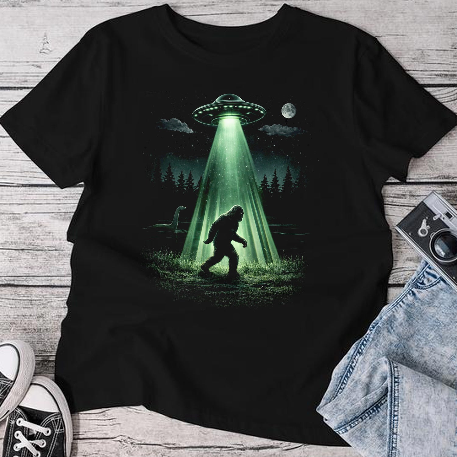 UFO Abduction Bigfoot T-Shirt – Sasquatch Alien Encounter Graphic Tee, Sci-Fi Cryptid Night Forest Shirt