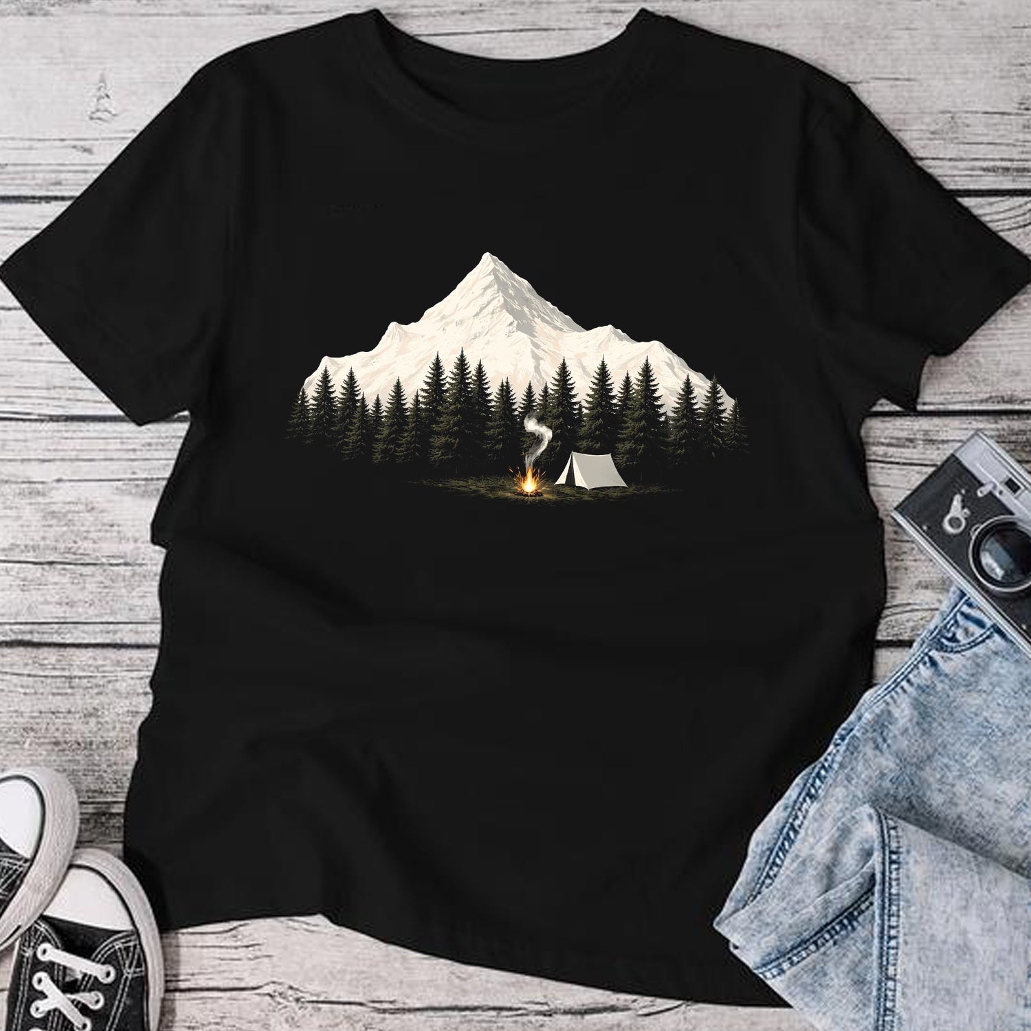 Minimalist Mountain Campfire Camping Graphic T-Shirt