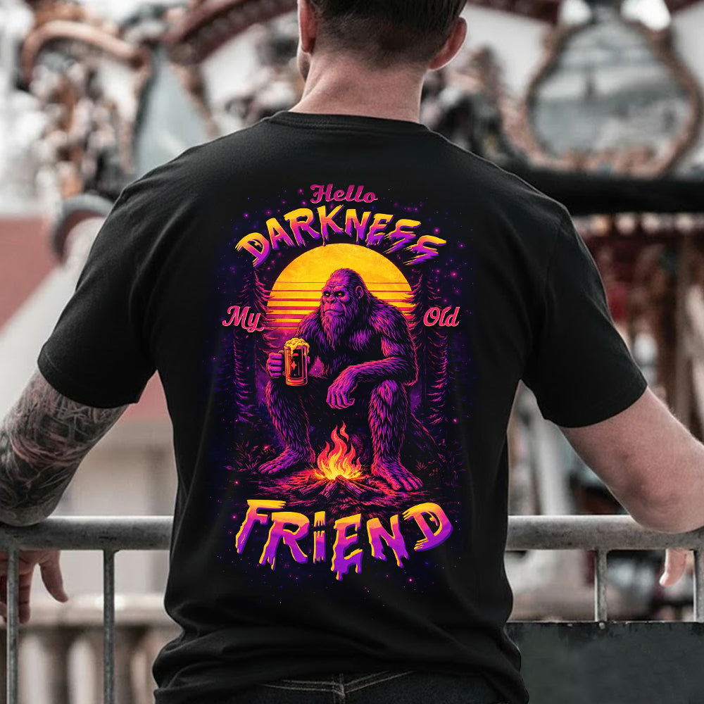Hello Darkness My Old Friend T-Shirt – Retro Bigfoot Campfire Graphic Shirt for Night Campers, Sasquatch Fans & Outdoor Humor Lovers