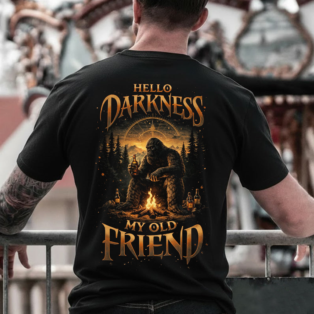 Hello Darkness My Old Friend Bigfoot T-Shirt – Funny Sasquatch Campfire Whiskey Graphic Tee, Dark Humor Outdoor Vintage Shirt