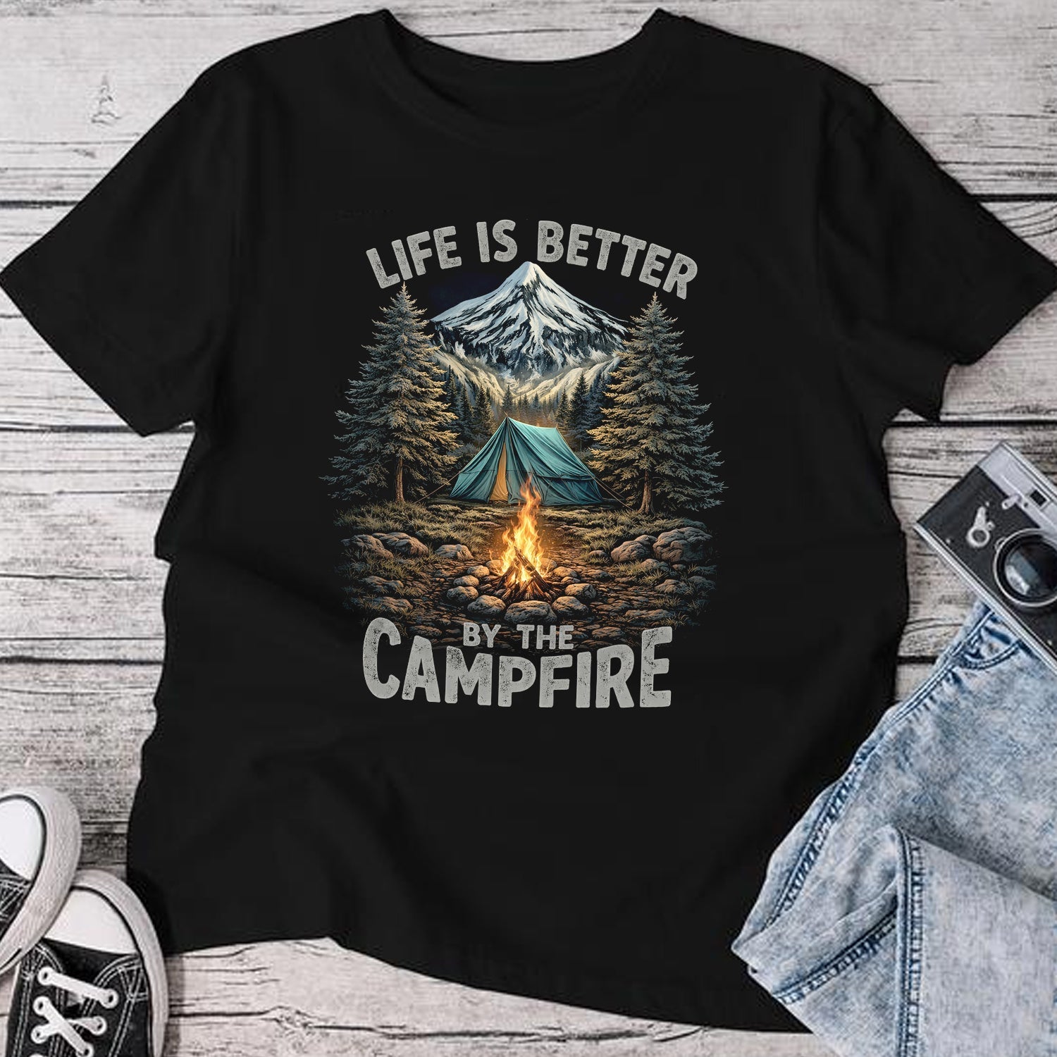 Life Is Better By The Campfire T-Shirt – Camping Lover Gift, Outdoor Nature Graphic T-Shirt