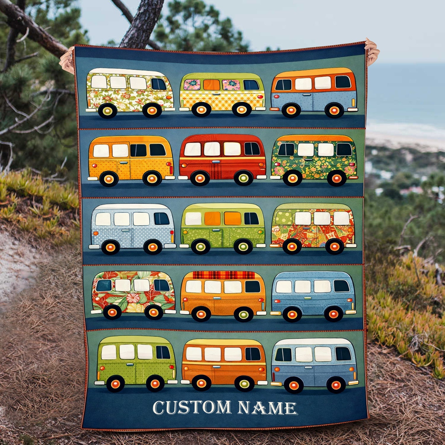 Personalized Retro Camper Van Fleece Blanket – Custom Name Vintage Van Life Quilt Throw for Travel Lovers