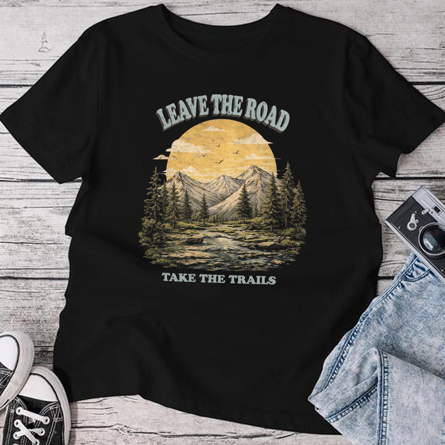 Leave The Road Take The Trails T-Shirt, Mountain River Hiking Graphic Tee, Outdoor Adventure Nature Shirt