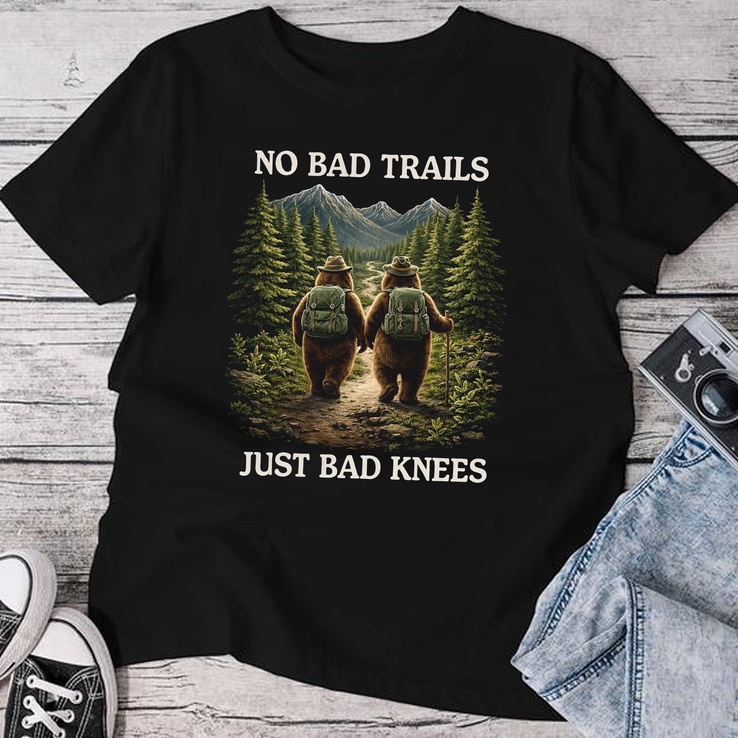 No Bad Trails Just Bad Knees Bear Hiking T-Shirt, Funny Mountain Backpack Adventure Tee, Outdoor Nature Lover Shirt