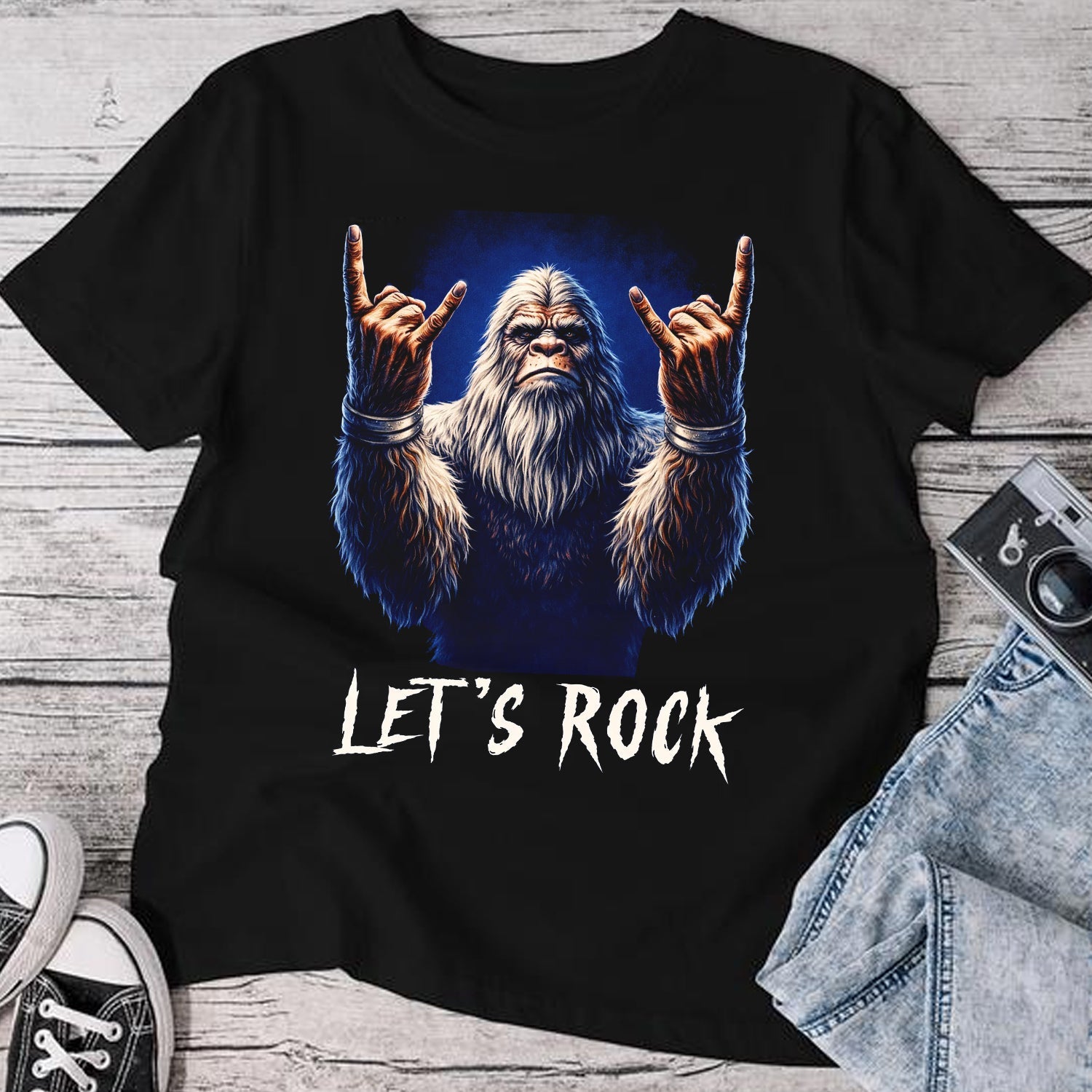 Rock Style Bigfoot T-Shirt – Sasquatch Hand Gesture Graphic Tee, Bold Rock Attitude Illustration Shirt, Funny Cryptid Streetwear Apparel