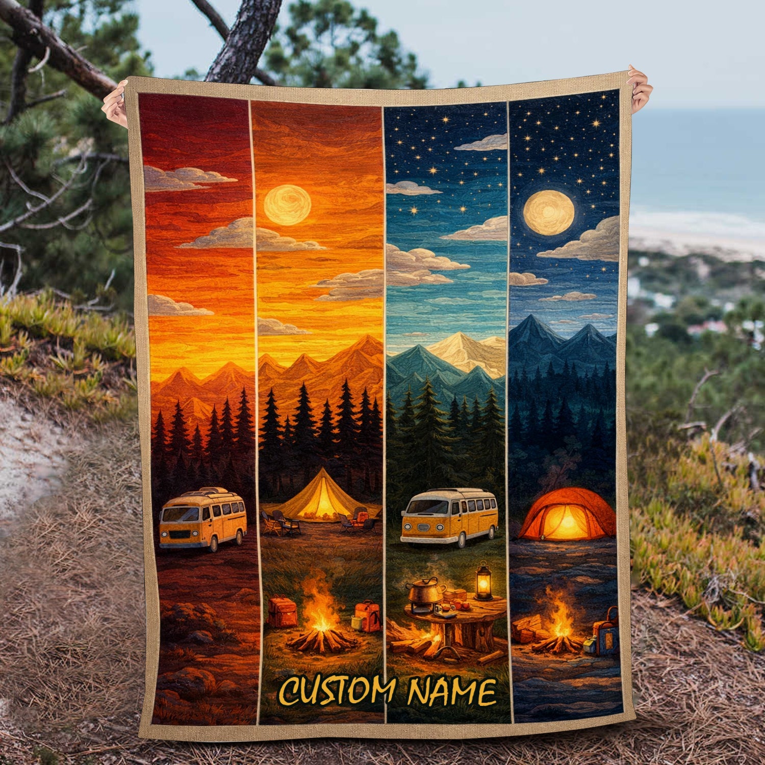 Personalized Sunset Camping Blanket – Custom Name Mountain Campfire RV Gift