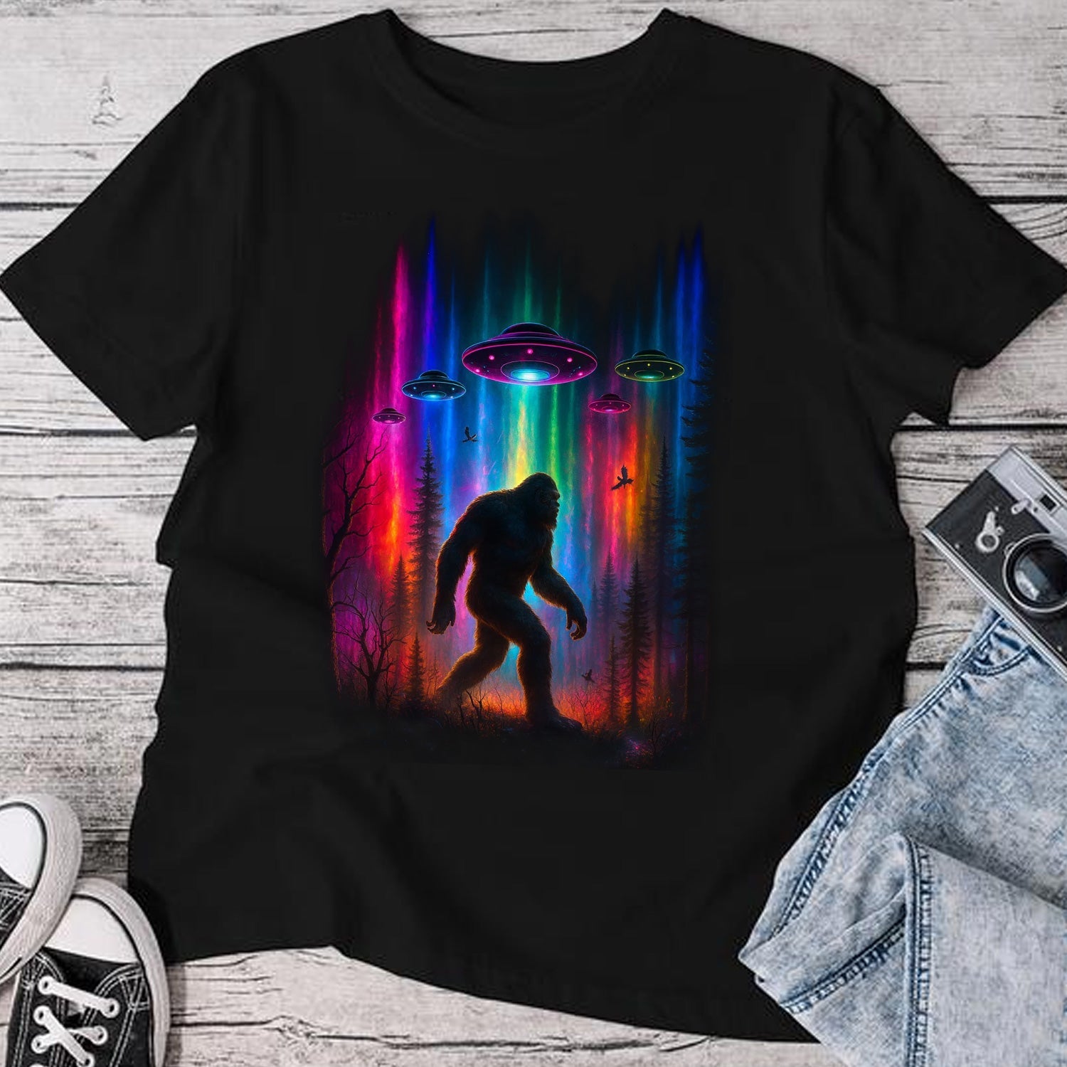 Bigfoot UFO Aurora T-Shirt – Psychedelic Sasquatch Forest Night Graphic Tee, Neon Alien Encounter Outdoor Apparel