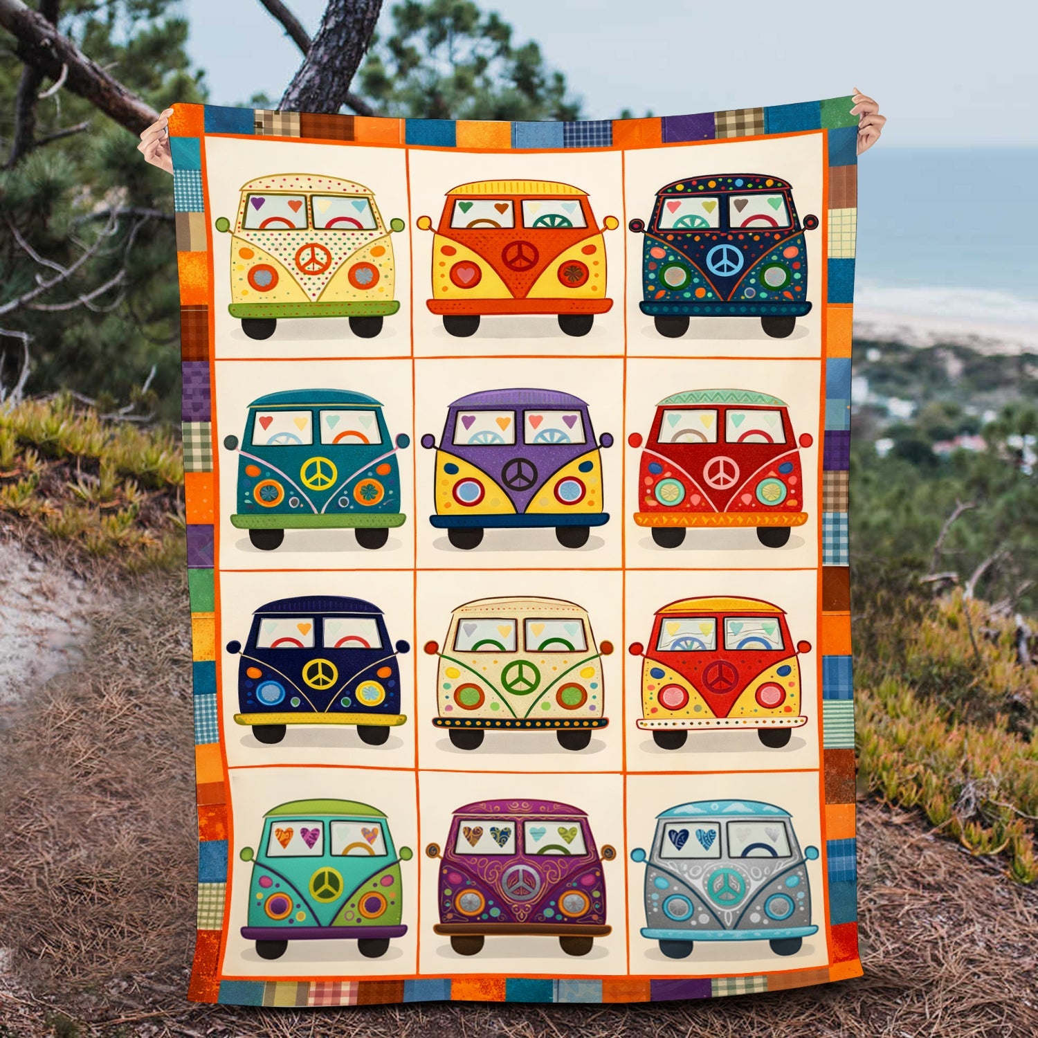 Cute Retro Camper Vans Fleece Blanket – Peace & Love Colorful Van Throw for Van Life & Hippie Lovers