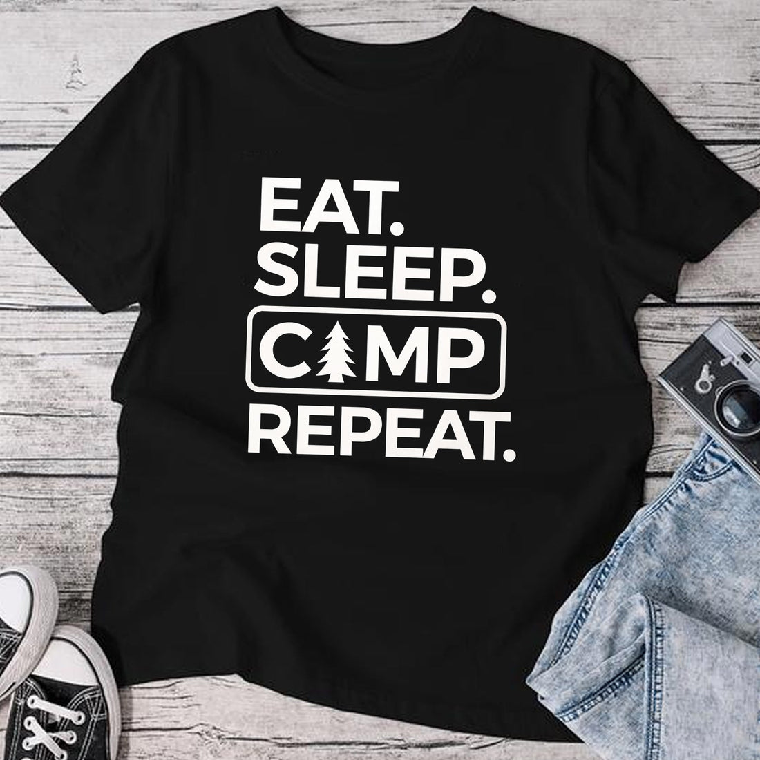 Eat Sleep Camp Repeat T-Shirt – Funny Camping Gift for Outdoor Lovers, Minimal Camp T-Shirt