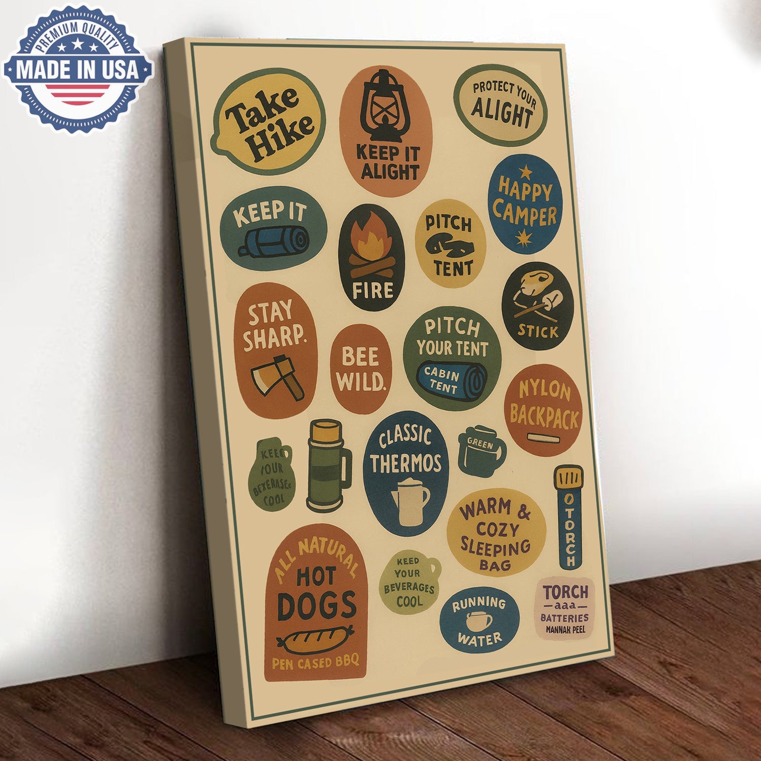 Retro Camping Rules Canvas Wall Art – Vintage Outdoor Icons Wall Art Canvas, Gift for Campers