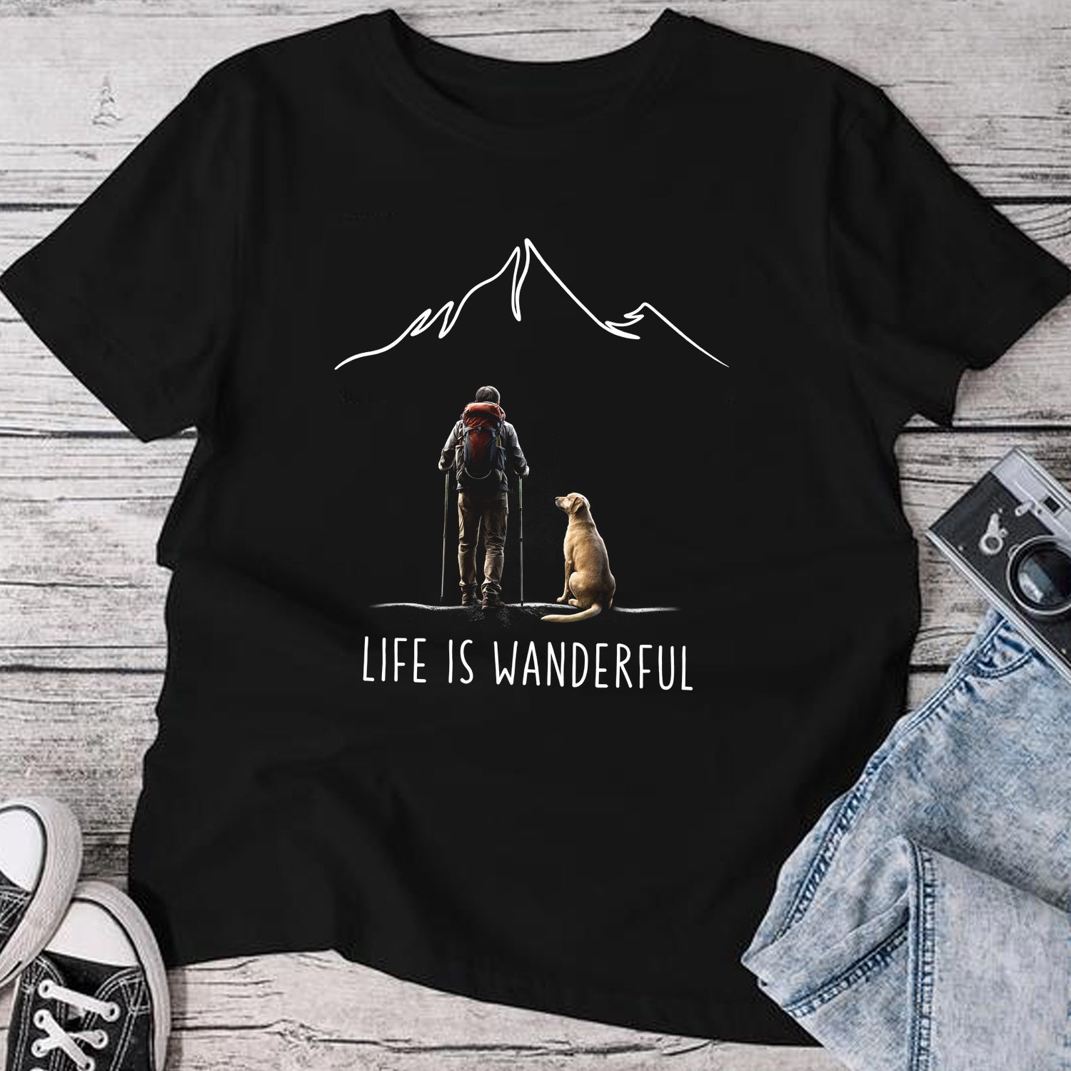 Life Is Wanderful T-Shirt – Minimalist Hiking with Dog Graphic Tee, Mountain Adventure Outdoor Shirt