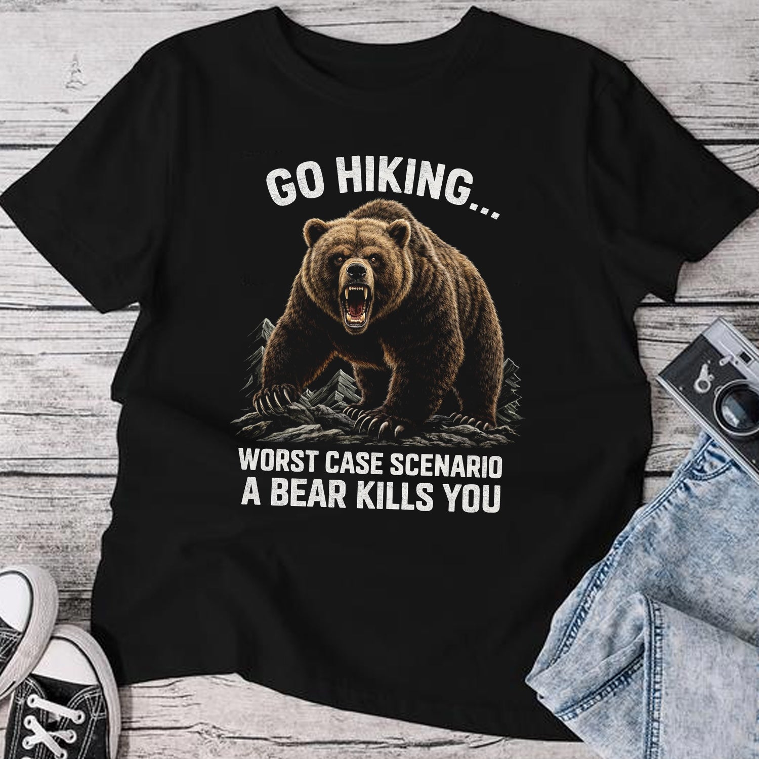 Go Hiking Worst Case Scenario Bear T-Shirt – Funny Grizzly Bear Graphic Tee, Dark Humor Outdoor Hiking Shirt