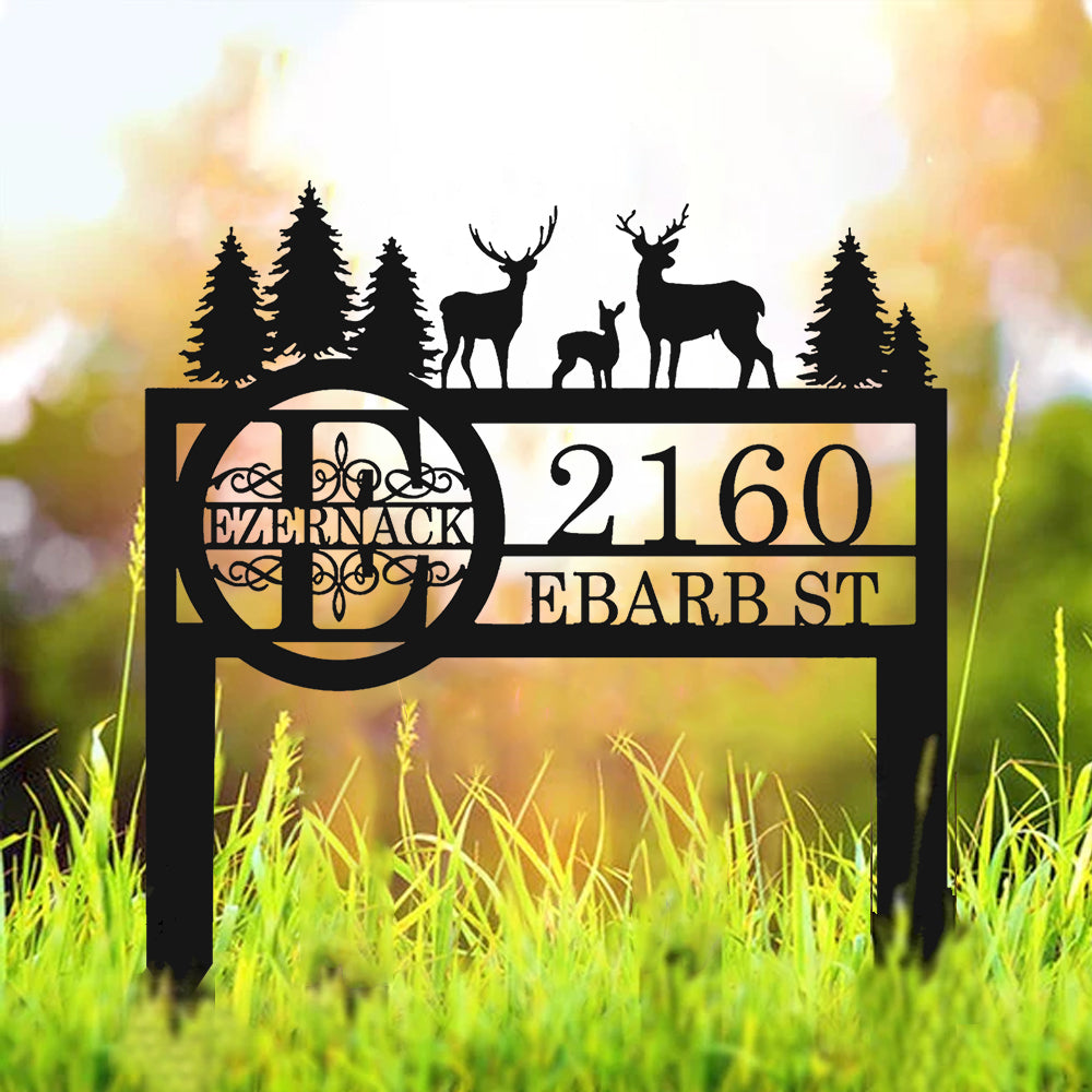 Personalized Metal Address Sign with Deer & Trees – Custom Outdoor Camping Yard Sign – Rustic Wildlife Home Address Plaque