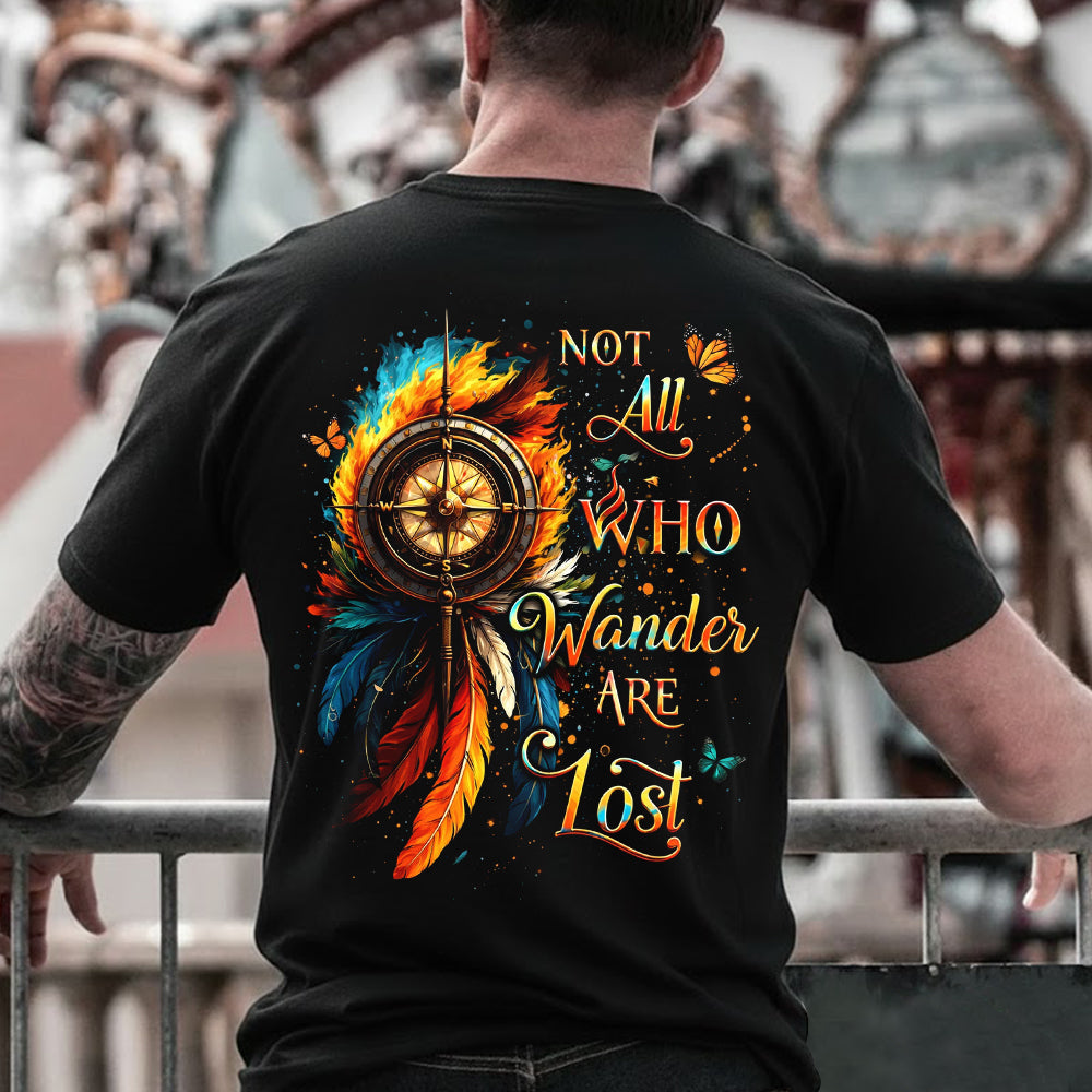 Not All Who Wander Are Lost Compass Feather T-Shirt, Boho Adventure Travel Graphic Tee, Wanderlust Nature Shirt for Women & Men