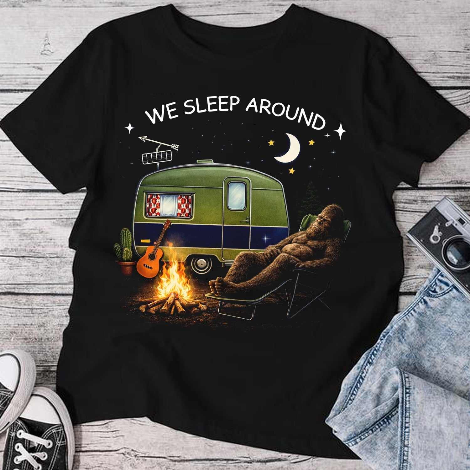 Funny Bigfoot Camping T-Shirt – Sasquatch Relaxing by Campfire Graphic Tee, Vintage Camper Night Scene Shirt, Outdoor Adventure Humor Apparel