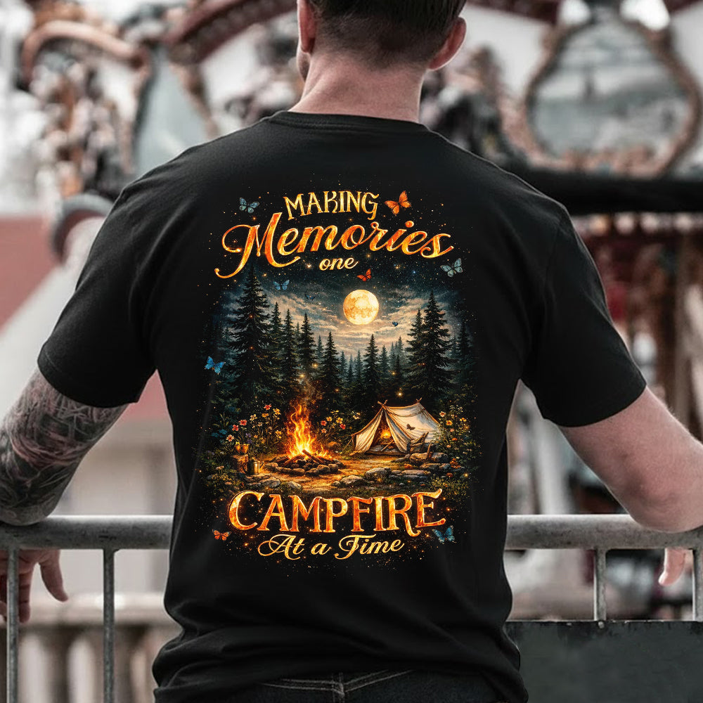 Making Memories One Campfire At A Time Forest Night T-Shirt, Moonlight Tent Campfire Graphic Tee, Cozy Wilderness Camping Shirt for Women