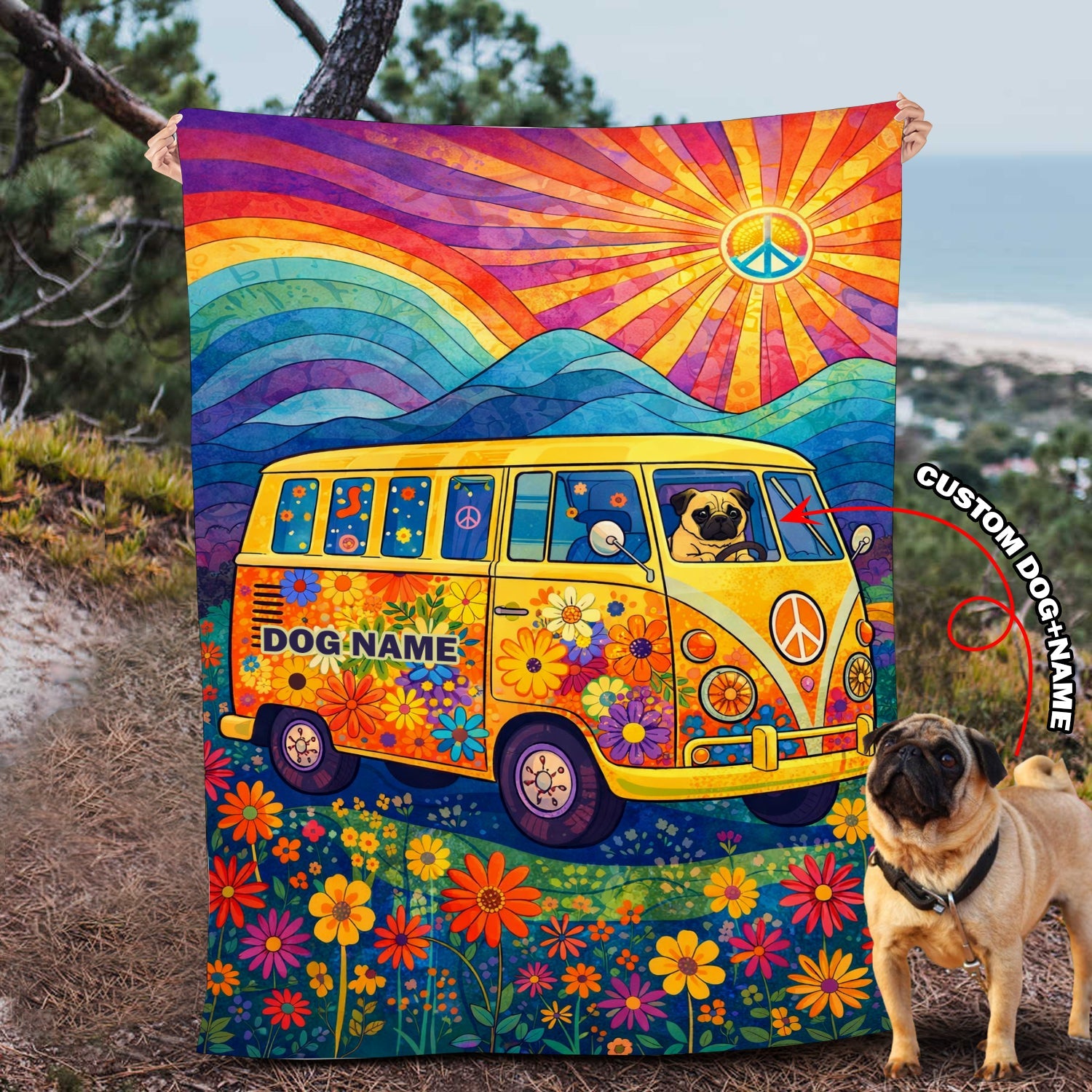 Custom Dog Name Hippie Van Fleece Blanket – Peace & Love Psychedelic Throw for Dog Parents
