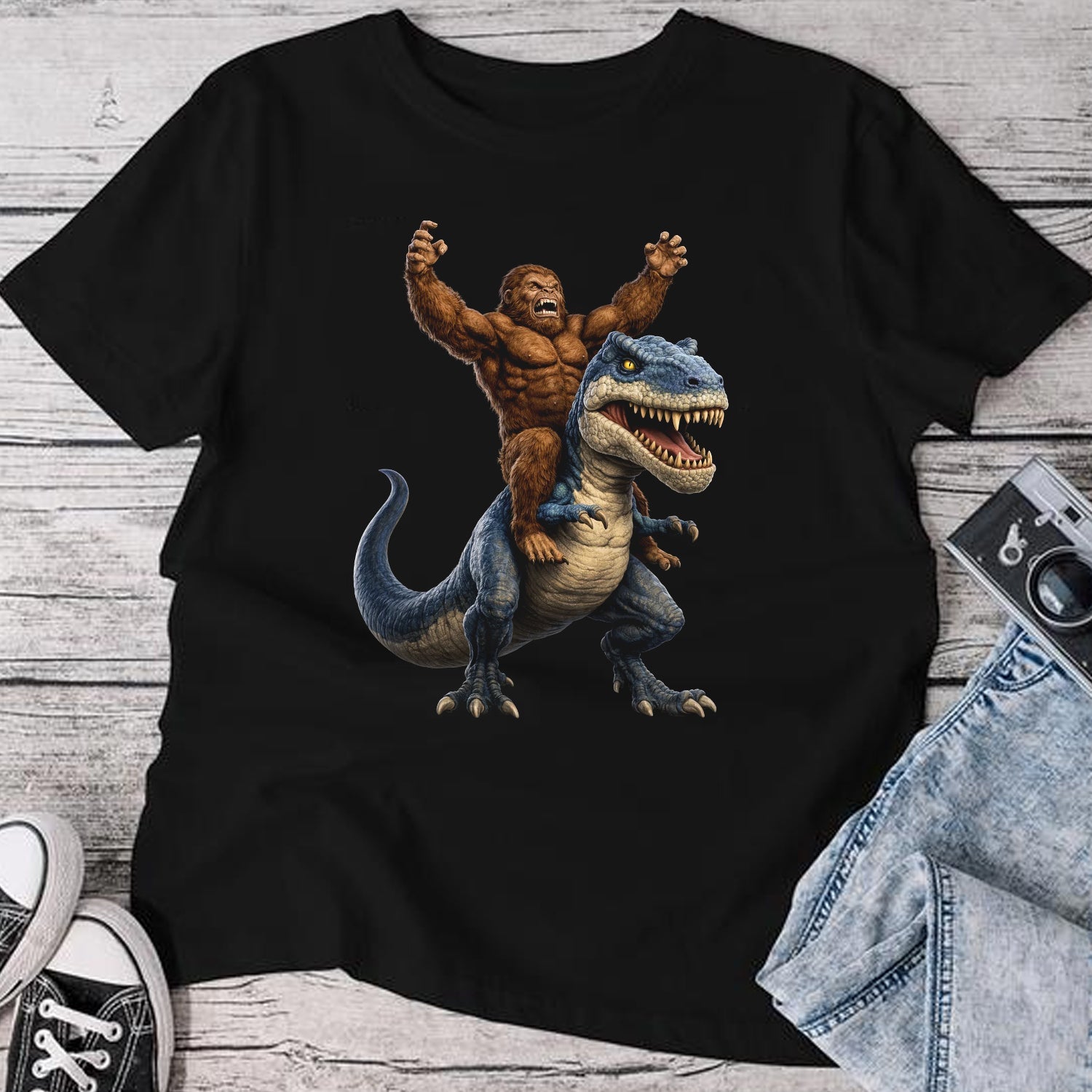 Bigfoot Riding Dinosaur T-Shirt – Funny Sasquatch on T-Rex Graphic Tee, Epic Fantasy Humor Shirt for Adventure & Meme Lovers