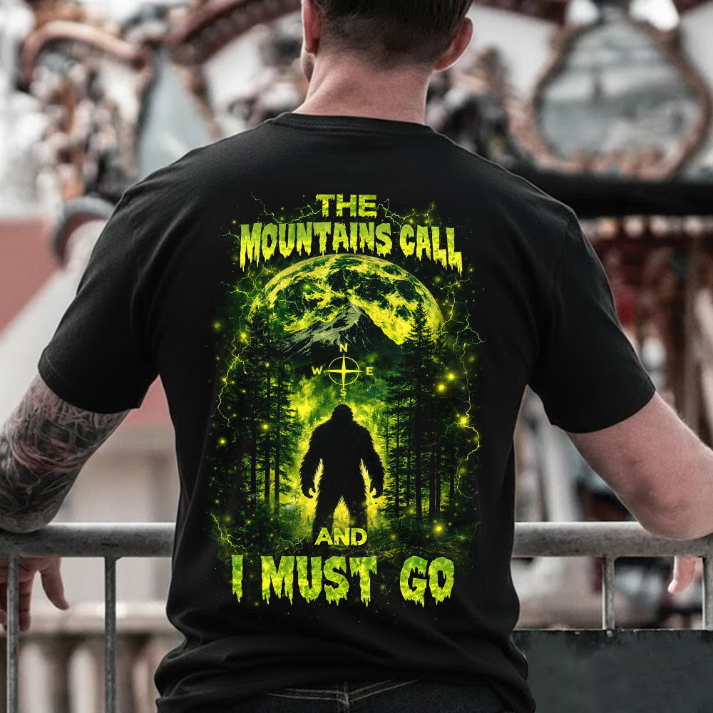 The Mountains Call and I Must Go T-Shirt – Neon Bigfoot Forest Adventure Graphic Shirt for Hikers, Campers & Wilderness Lovers