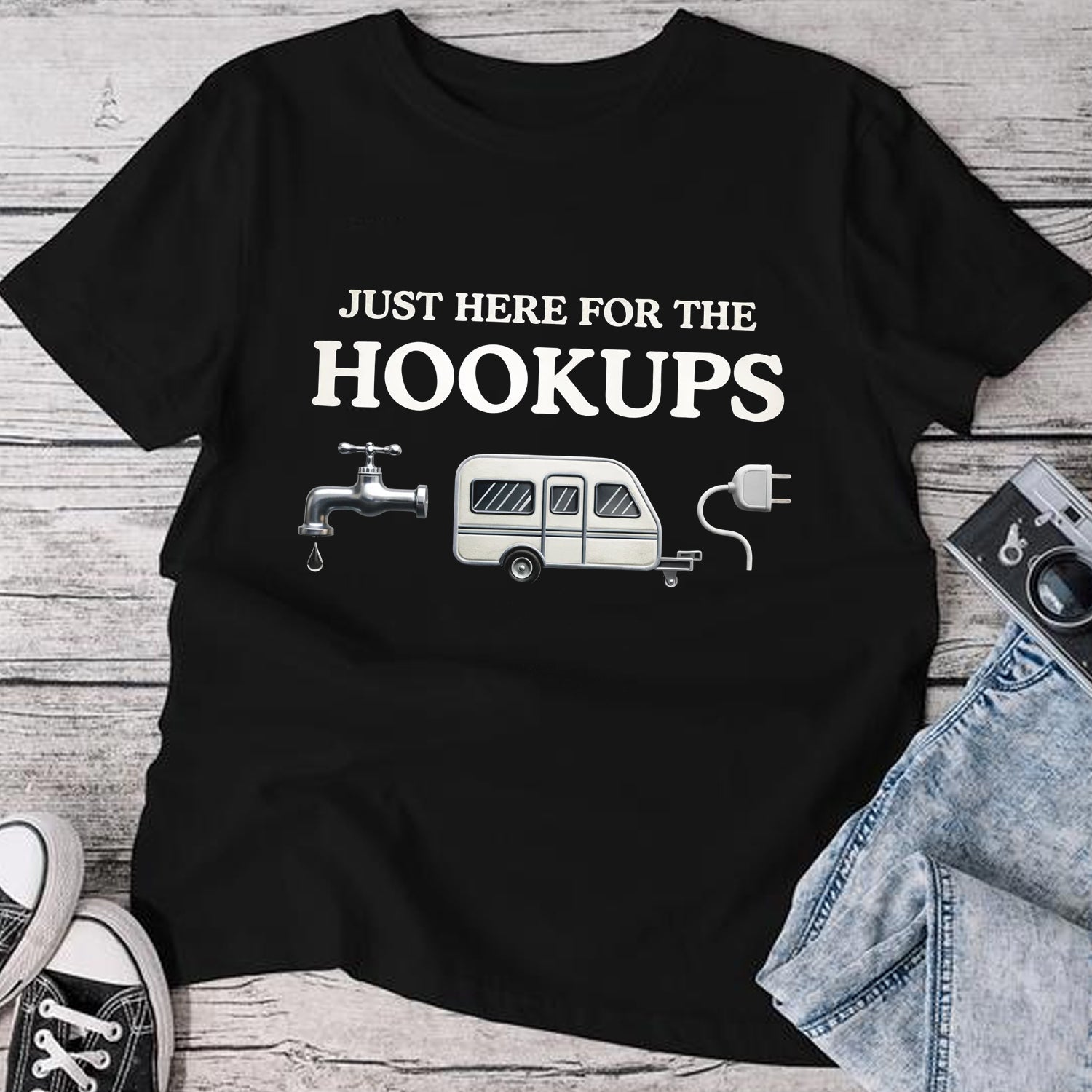 Just Here for the Hookups RV Camping Graphic T-Shirt