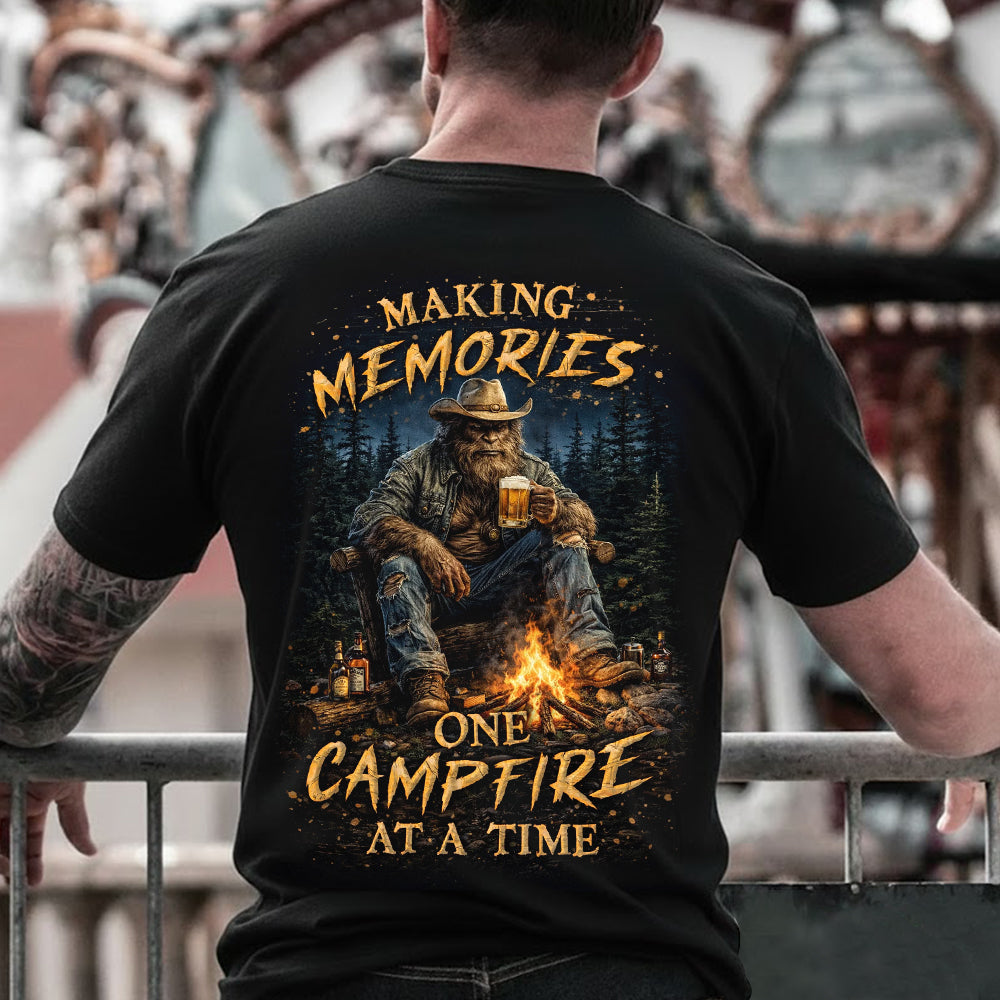 Bigfoot Campfire Memories T-Shirt – Sasquatch Wilderness Night Graphic Tee, Rustic Forest Adventure Design Shirt, Outdoor Camping Lifestyle Apparel