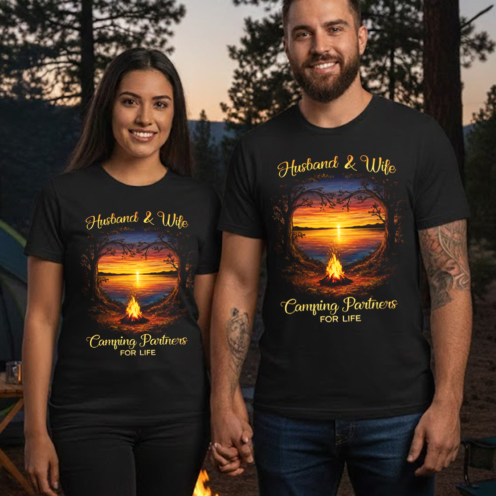 Husband and Wife Camping Partners for Life T-Shirt – Romantic Campfire Sunset Graphic Tee, Couples Outdoor Love Apparel