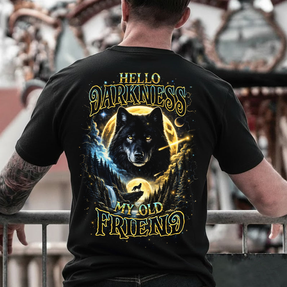 Hello Darkness My Old Friend T-Shirt – Mystic Wolf Moon Forest Graphic Shirt for Gothic Nature Lovers, Night Hiking & Wilderness Souls