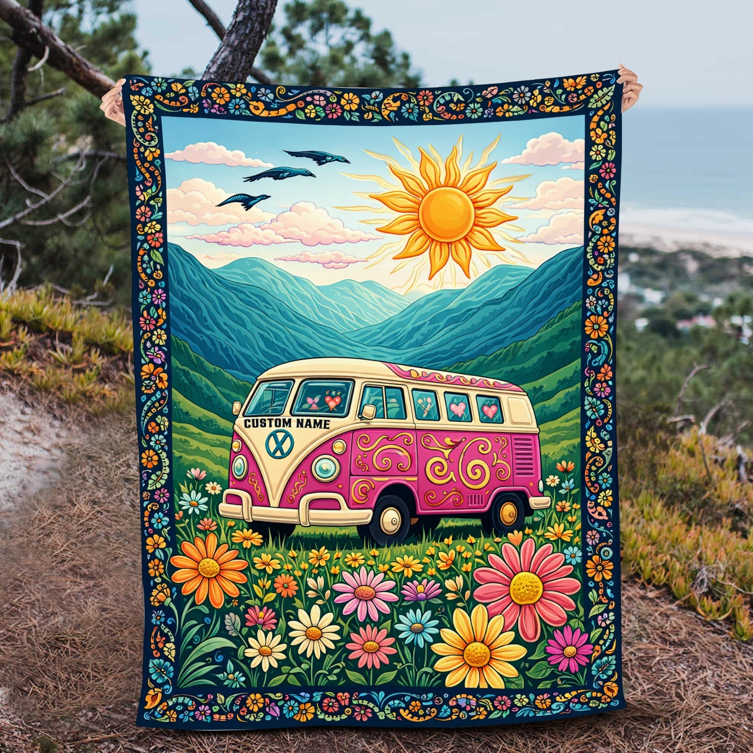 Personalized Hippie Van Life Fleece Blanket – Custom Name Retro Flower Peace Camping Gift