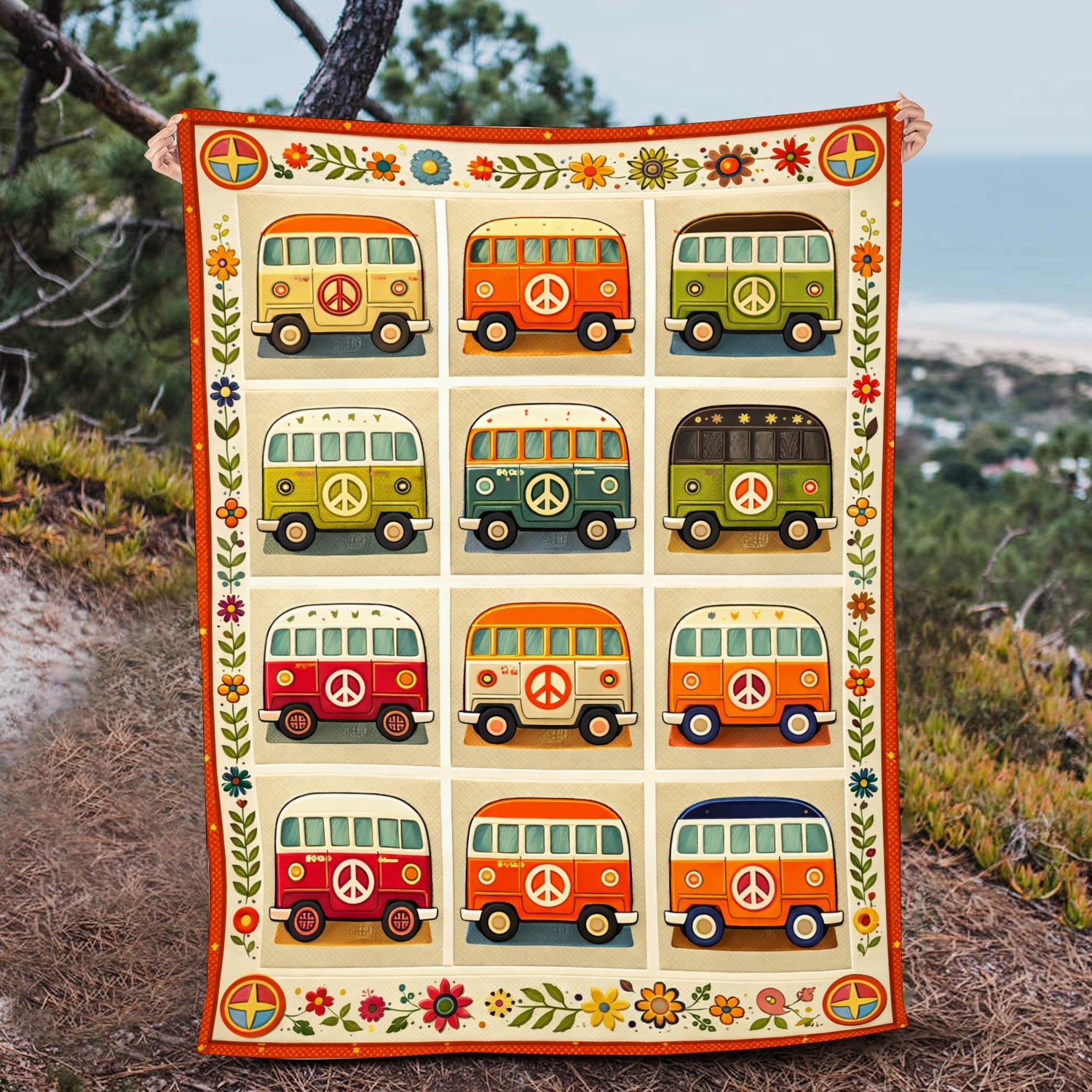 Retro Hippie Van Fleece Blanket – Peace & Love Camper Van Throw for Van Life & Boho Lovers