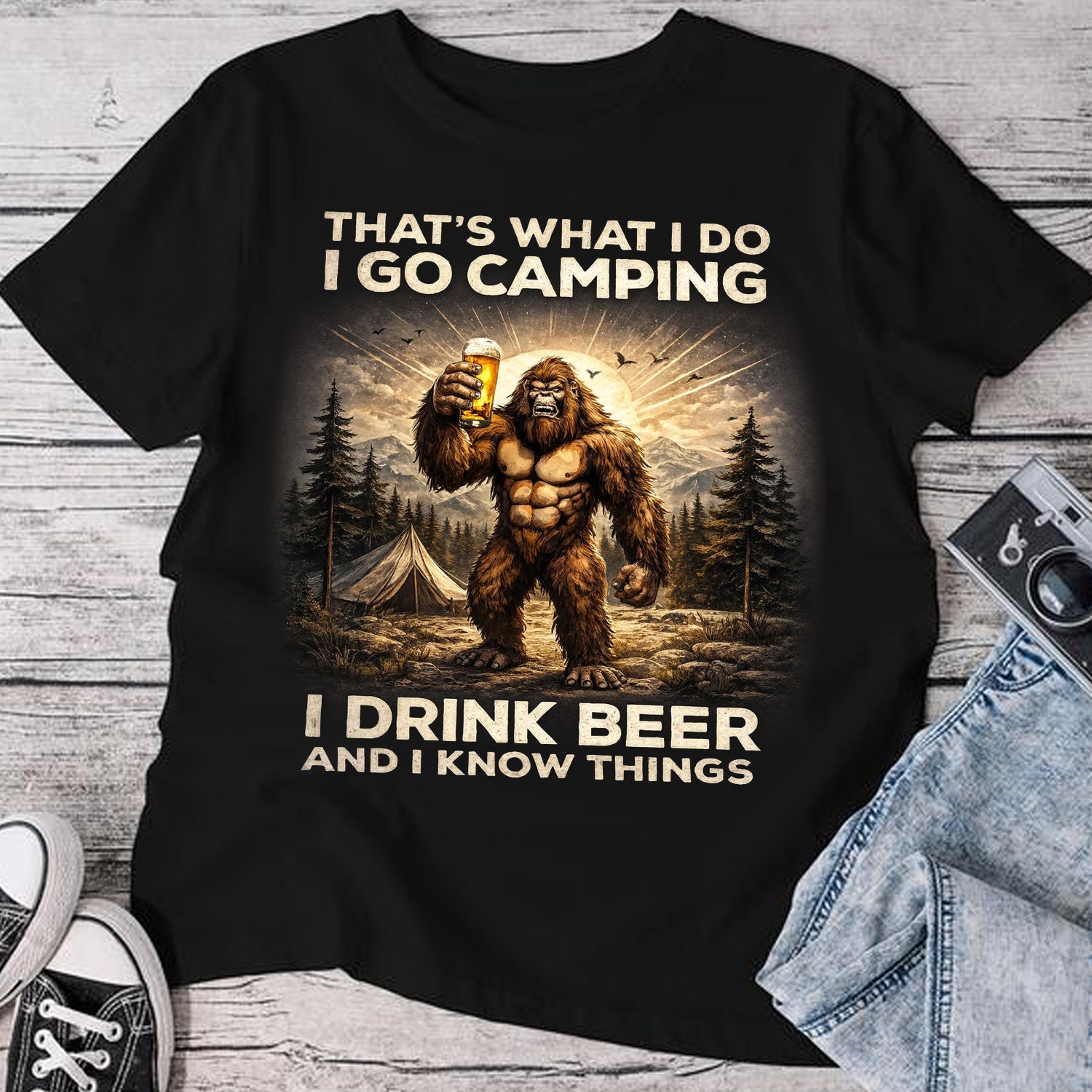 I Go Camping I Drink Beer Bigfoot T-Shirt – Funny Sasquatch Camping Humor Graphic Tee, Vintage Outdoor Adventure Apparel