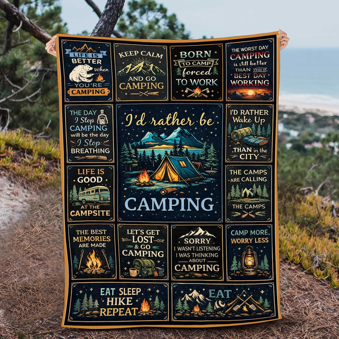 I’d Rather Be Camping Blanket – Vintage Camping Quotes Throw, Cozy Gift for Outdoor Lovers