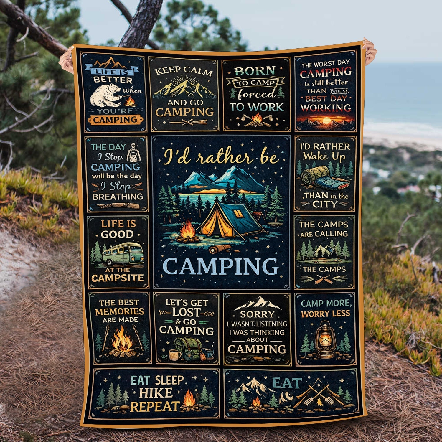 I’d Rather Be Camping Blanket – Vintage Camping Quotes Throw, Cozy Gift for Outdoor Lovers