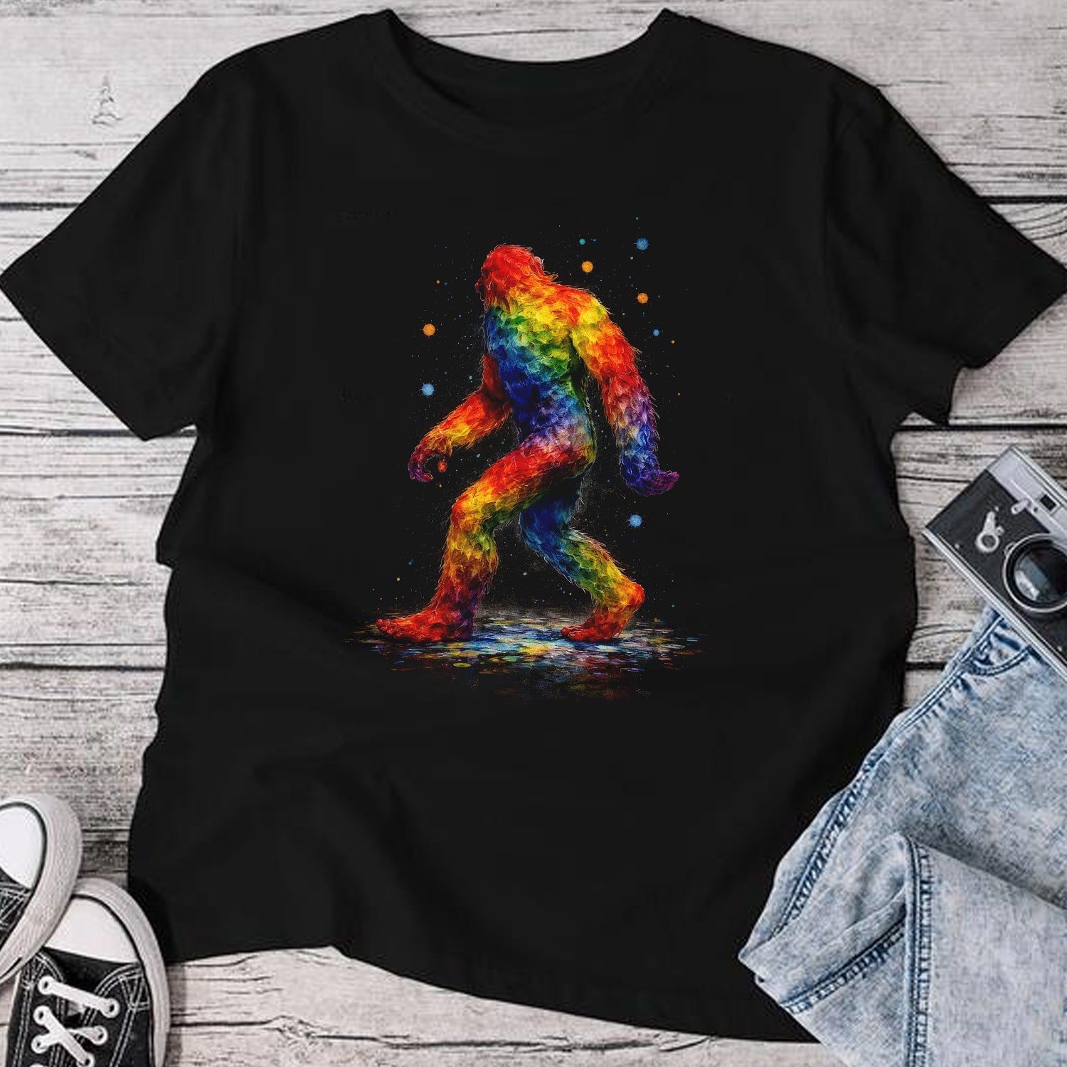 Rainbow Bigfoot T-Shirt – Colorful Sasquatch Art Graphic Tee, Abstract Pride Style Cryptid Shirt