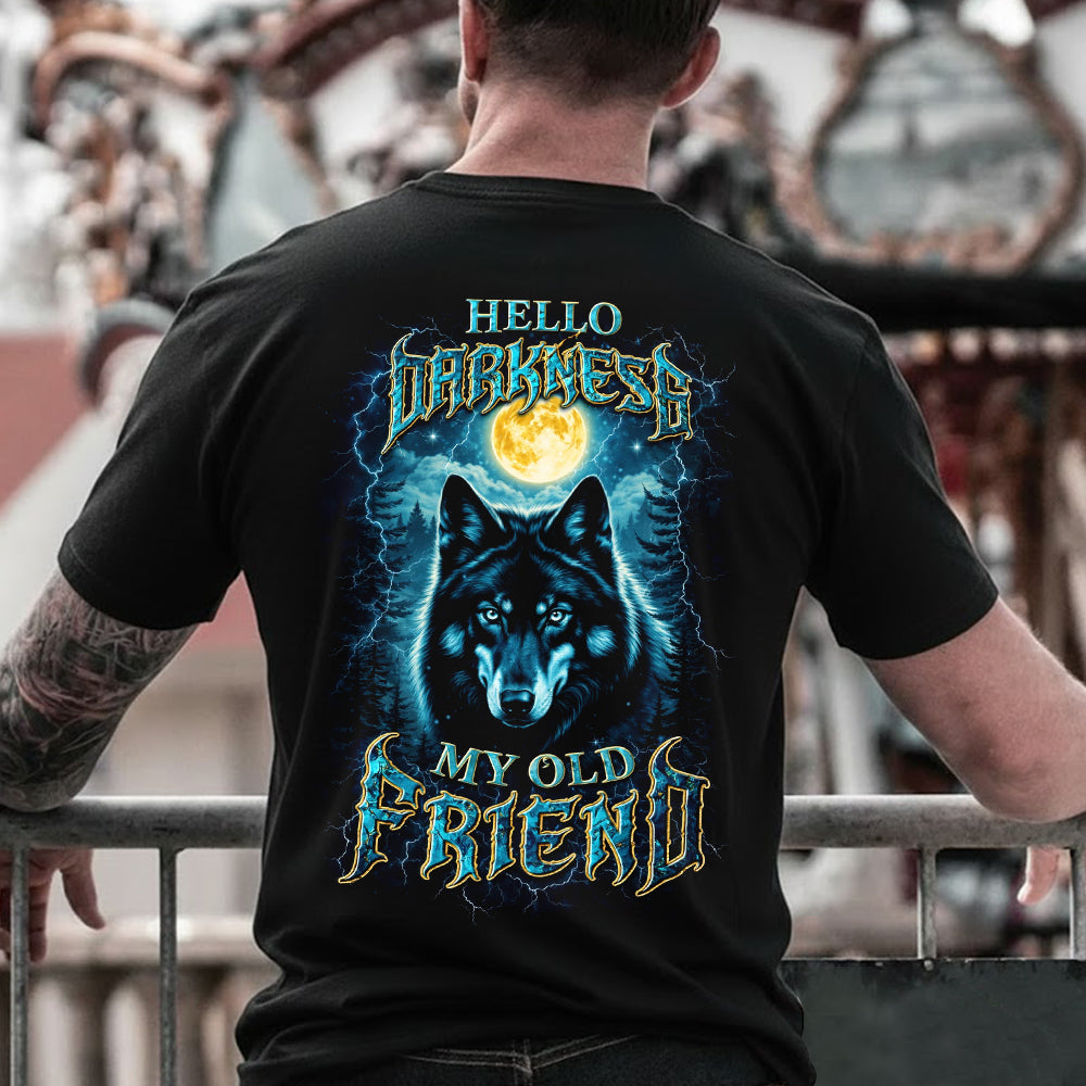 Hello Darkness My Old Friend T-Shirt – Electric Wolf Moon Night Graphic Shirt for Gothic Style Lovers, Dark Nature & Wilderness Fans