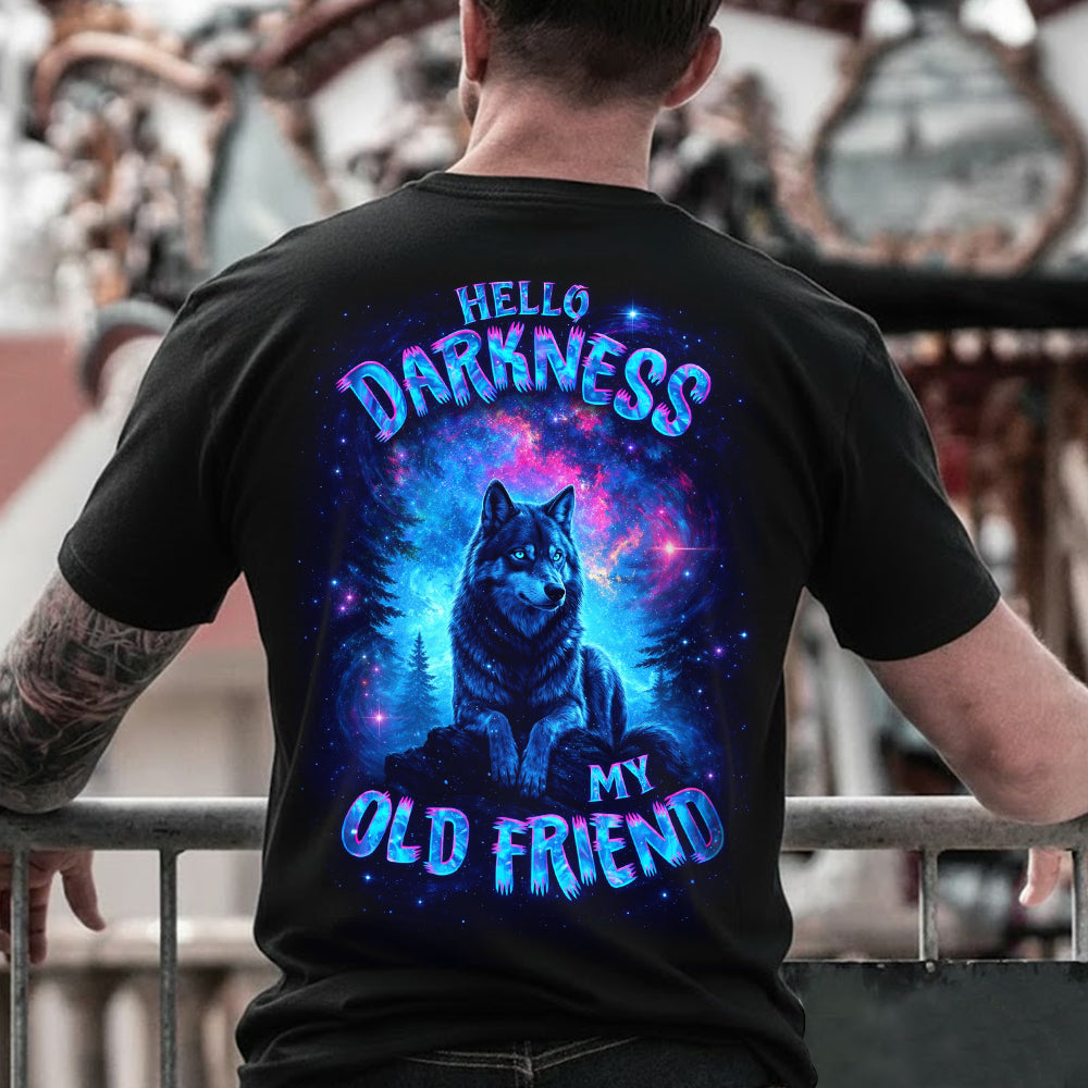 Hello Darkness My Old Friend T-Shirt – Neon Galaxy Wolf Graphic Shirt for Psychedelic Art Lovers, Night Aesthetic & Cosmic Nature Fans