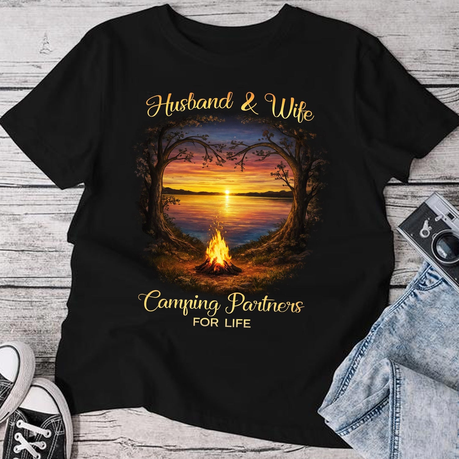 Husband and Wife Camping Partners for Life T-Shirt – Romantic Campfire Sunset Graphic Tee, Couples Outdoor Love Apparel