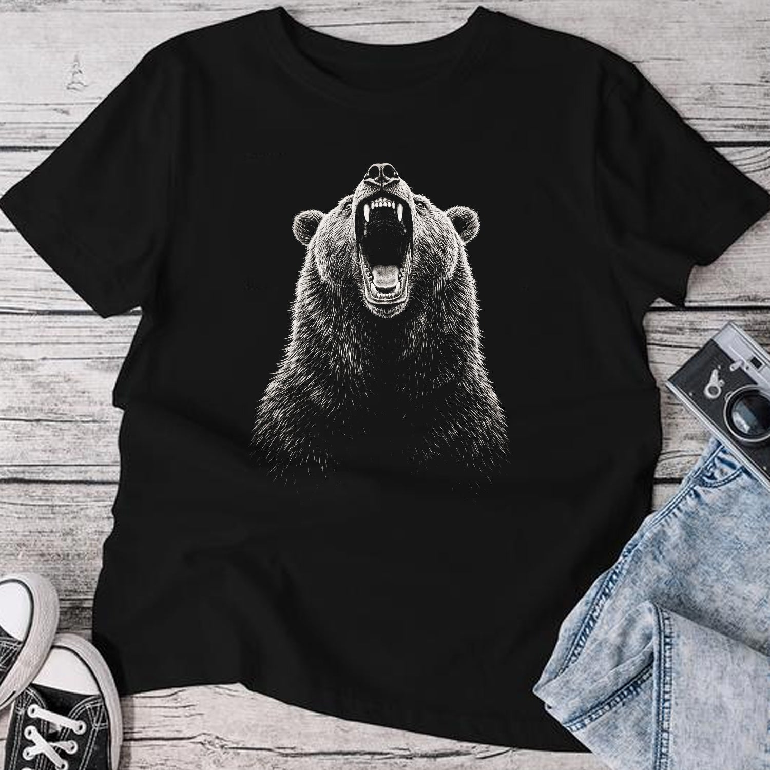Roaring Bear Face T-Shirt – Minimalist Wildlife Graphic Tee, Powerful Grizzly Animal Art Shirt