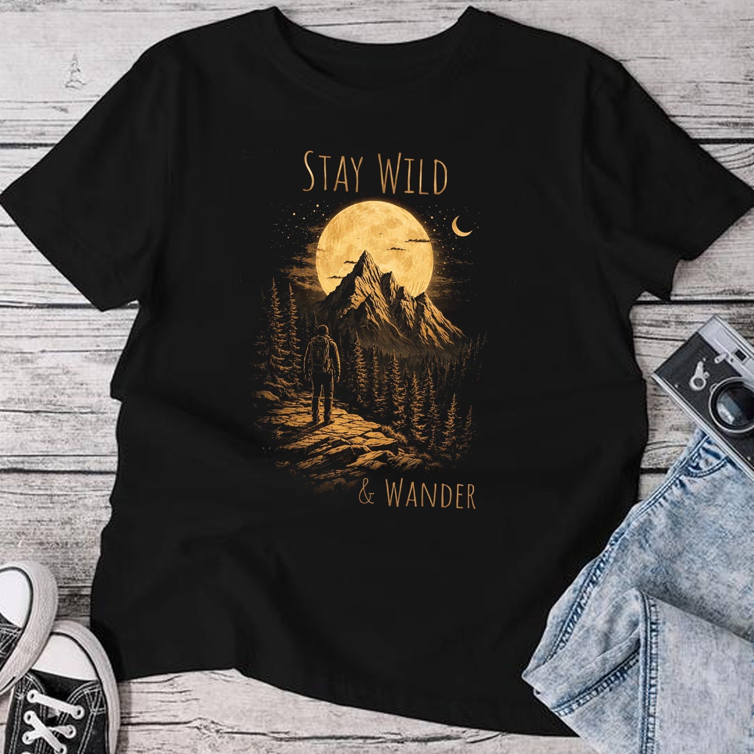 Stay Wild And Wander T-Shirt, Moon Mountain Hiking Graphic Tee, Minimalist Outdoor Adventure Nature Shirt